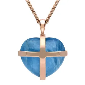 18ct Rose Gold Aquamarine Medium Cross Heart Necklace