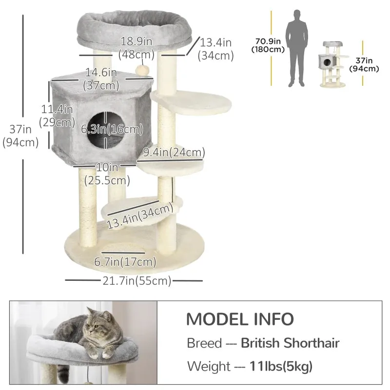 37" Cat Tree for Indoor Cats - Light Gray