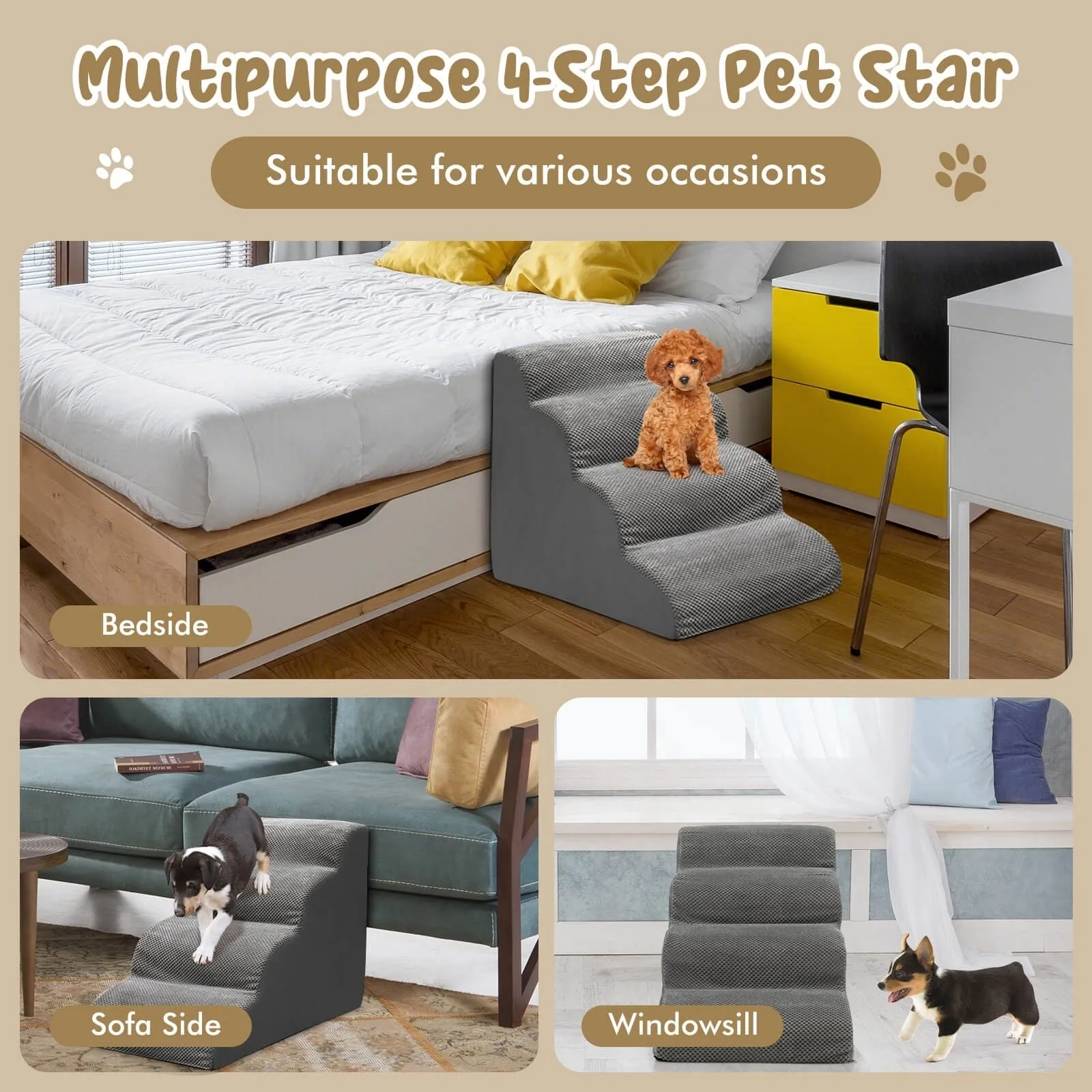 4-Tier Foam Dog Steps - Gray