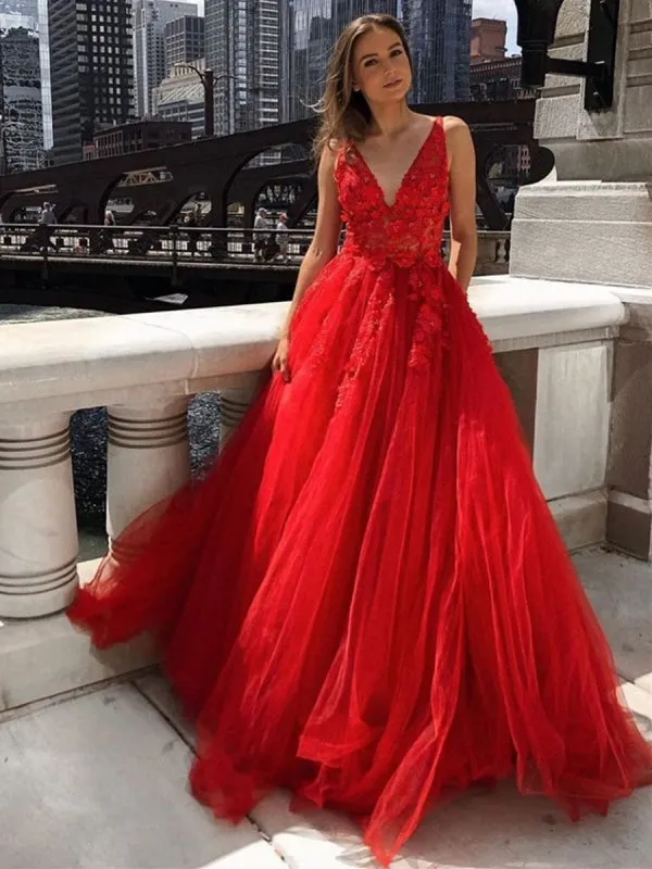 A Line V Neck Appliques Red Lace Long Prom 2020, Red Lace Appliques Formal, Red Lace Evening