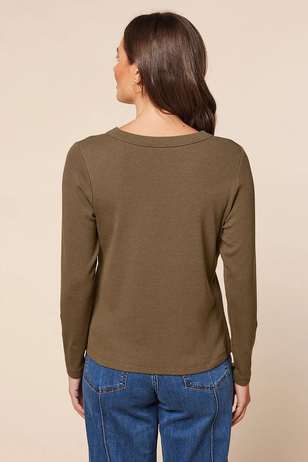 Adrift Ribbed Long Sleeve Tee in Khaki