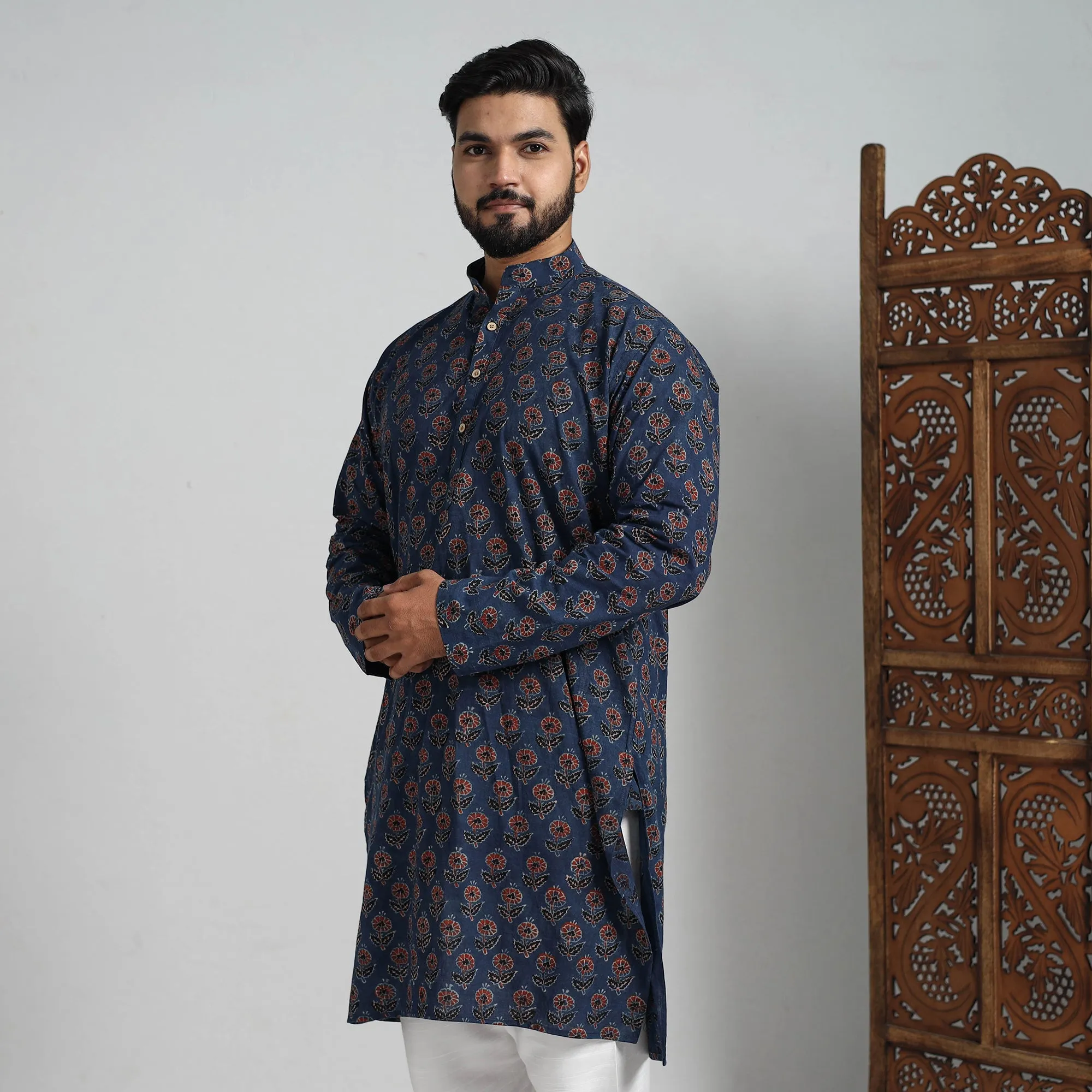 Ajrakh Block Printed Cotton Men Long Kurta 18