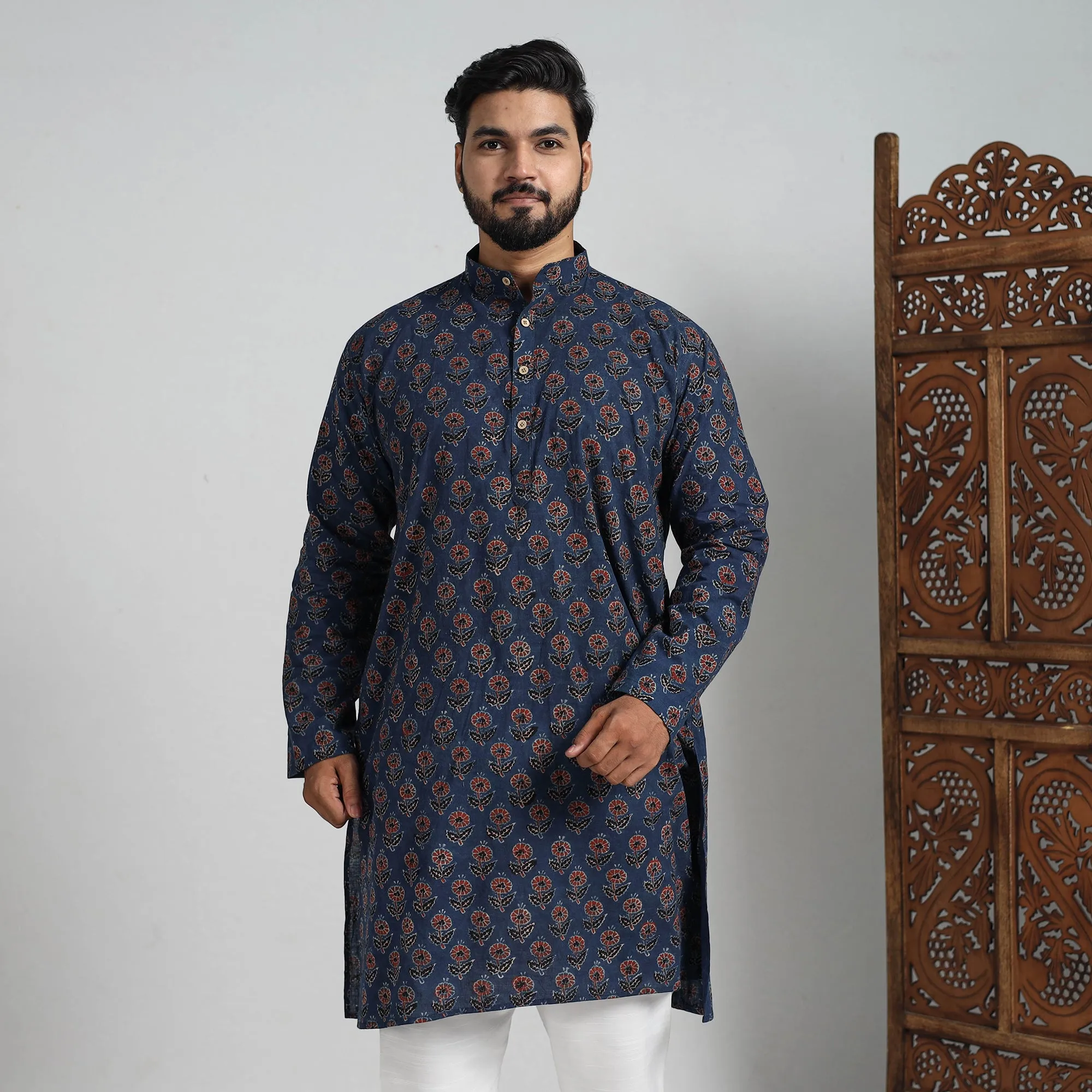 Ajrakh Block Printed Cotton Men Long Kurta 18