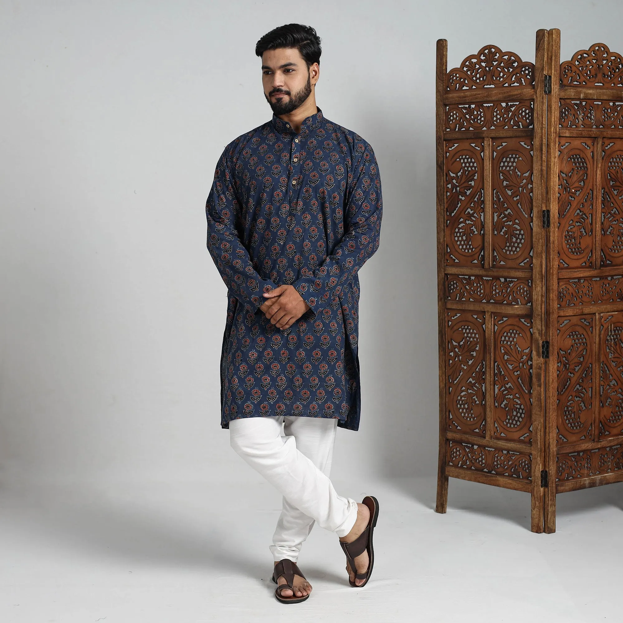 Ajrakh Block Printed Cotton Men Long Kurta 18