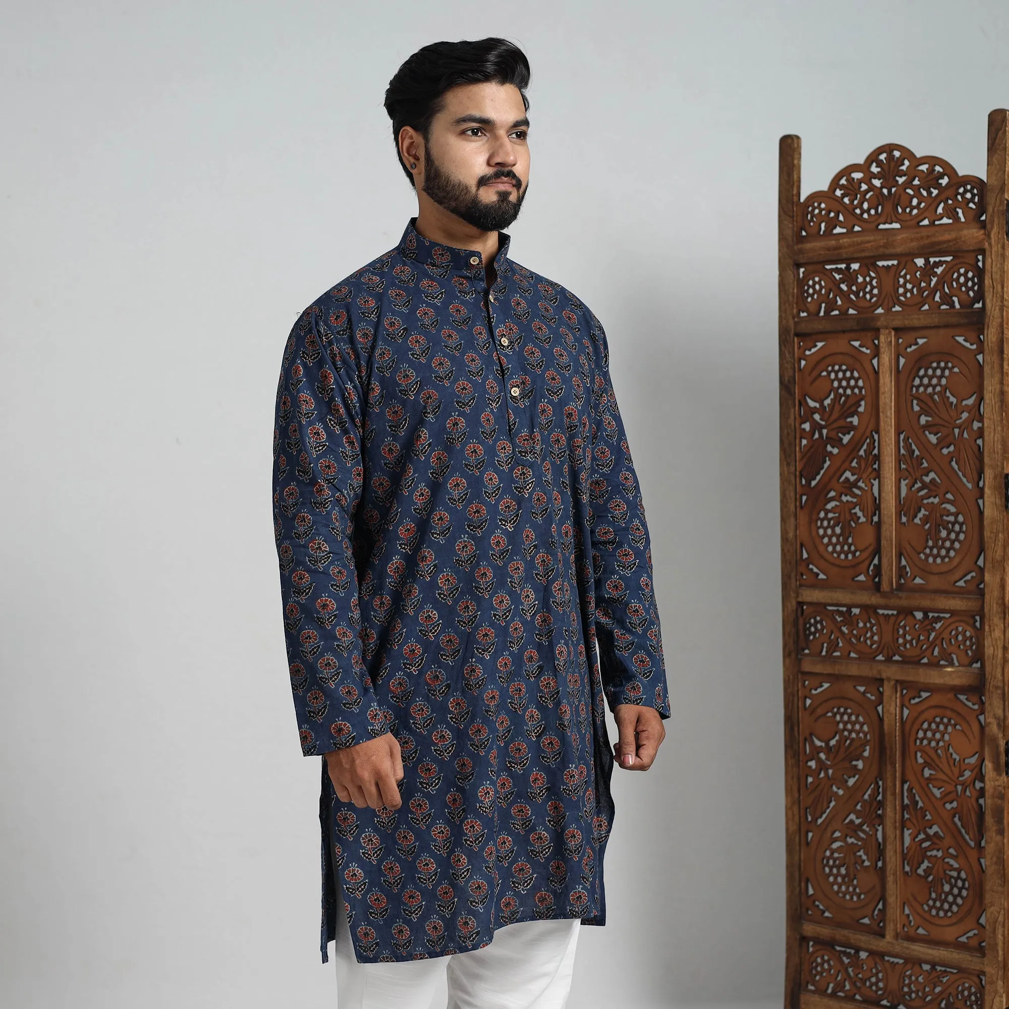 Ajrakh Block Printed Cotton Men Long Kurta 18