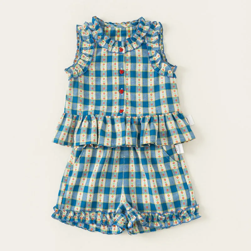 Baby Girl Clothes Set Blue Plaid Top and Shorts Summer  Sleeveless Flower Neckline 2-6Y