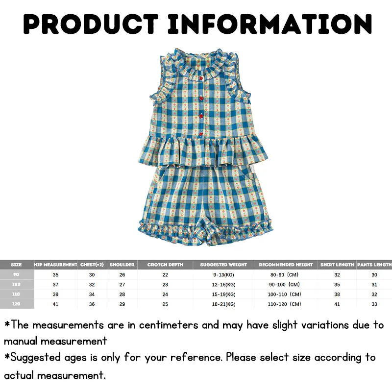 Baby Girl Clothes Set Blue Plaid Top and Shorts Summer  Sleeveless Flower Neckline 2-6Y