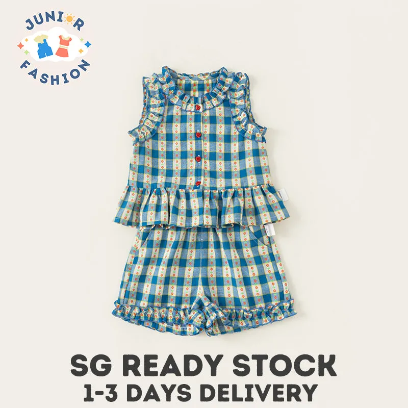 Baby Girl Clothes Set Blue Plaid Top and Shorts Summer  Sleeveless Flower Neckline 2-6Y