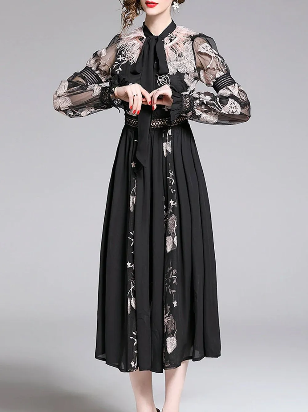 BECHI Feathers Embroidery Chiffon Maxi Dress