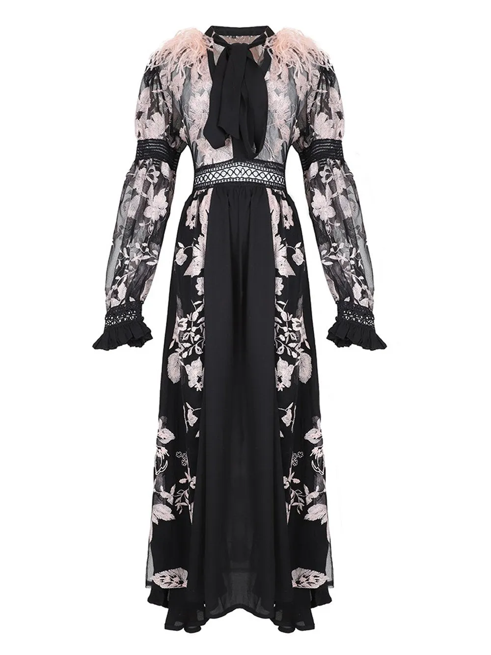 BECHI Feathers Embroidery Chiffon Maxi Dress