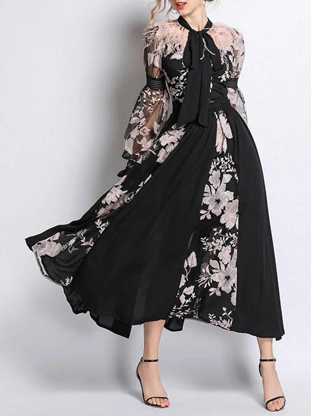 BECHI Feathers Embroidery Chiffon Maxi Dress