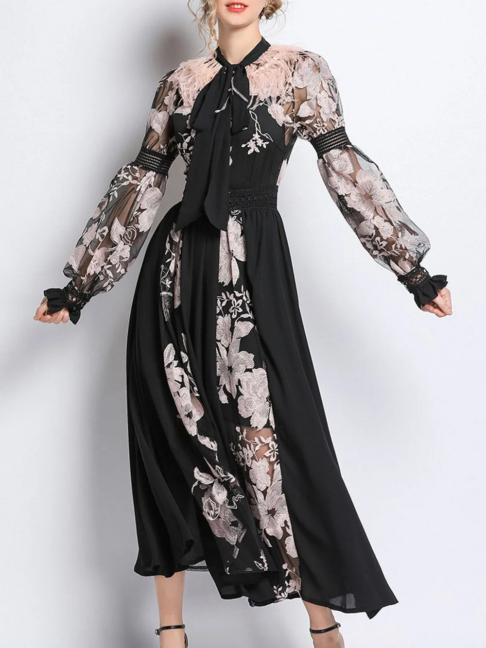 BECHI Feathers Embroidery Chiffon Maxi Dress