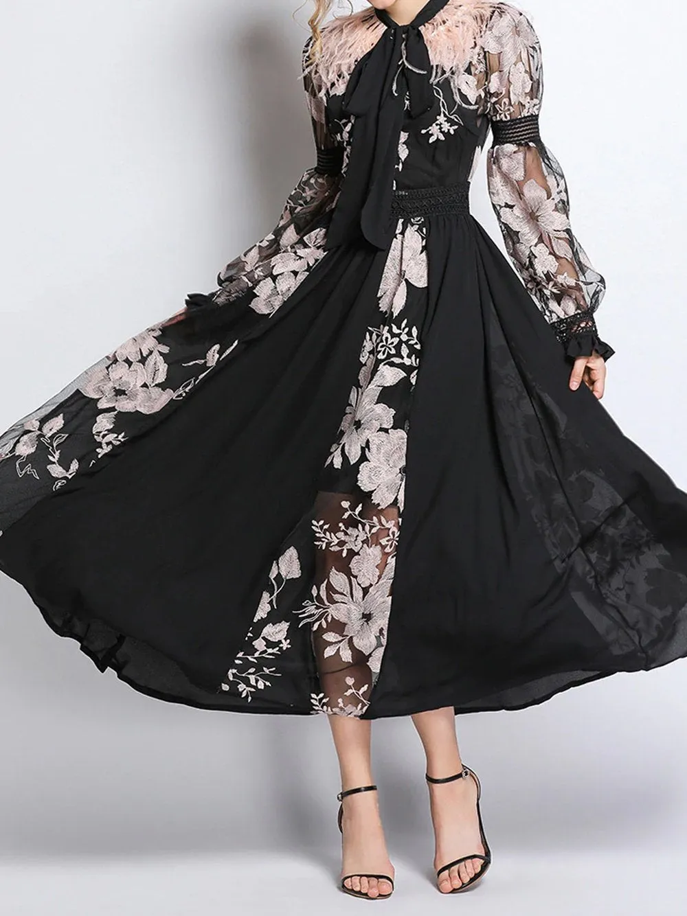 BECHI Feathers Embroidery Chiffon Maxi Dress