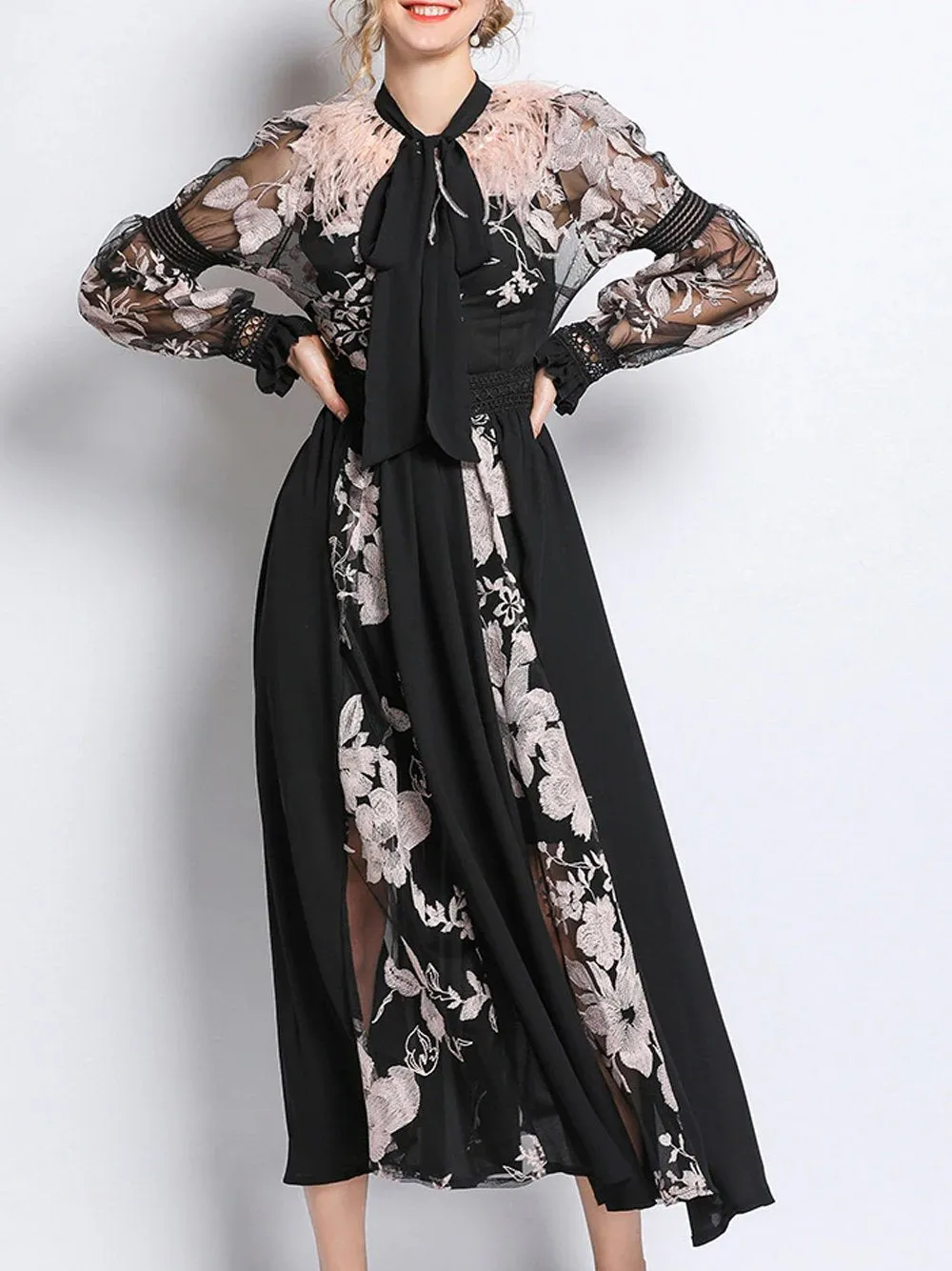 BECHI Feathers Embroidery Chiffon Maxi Dress