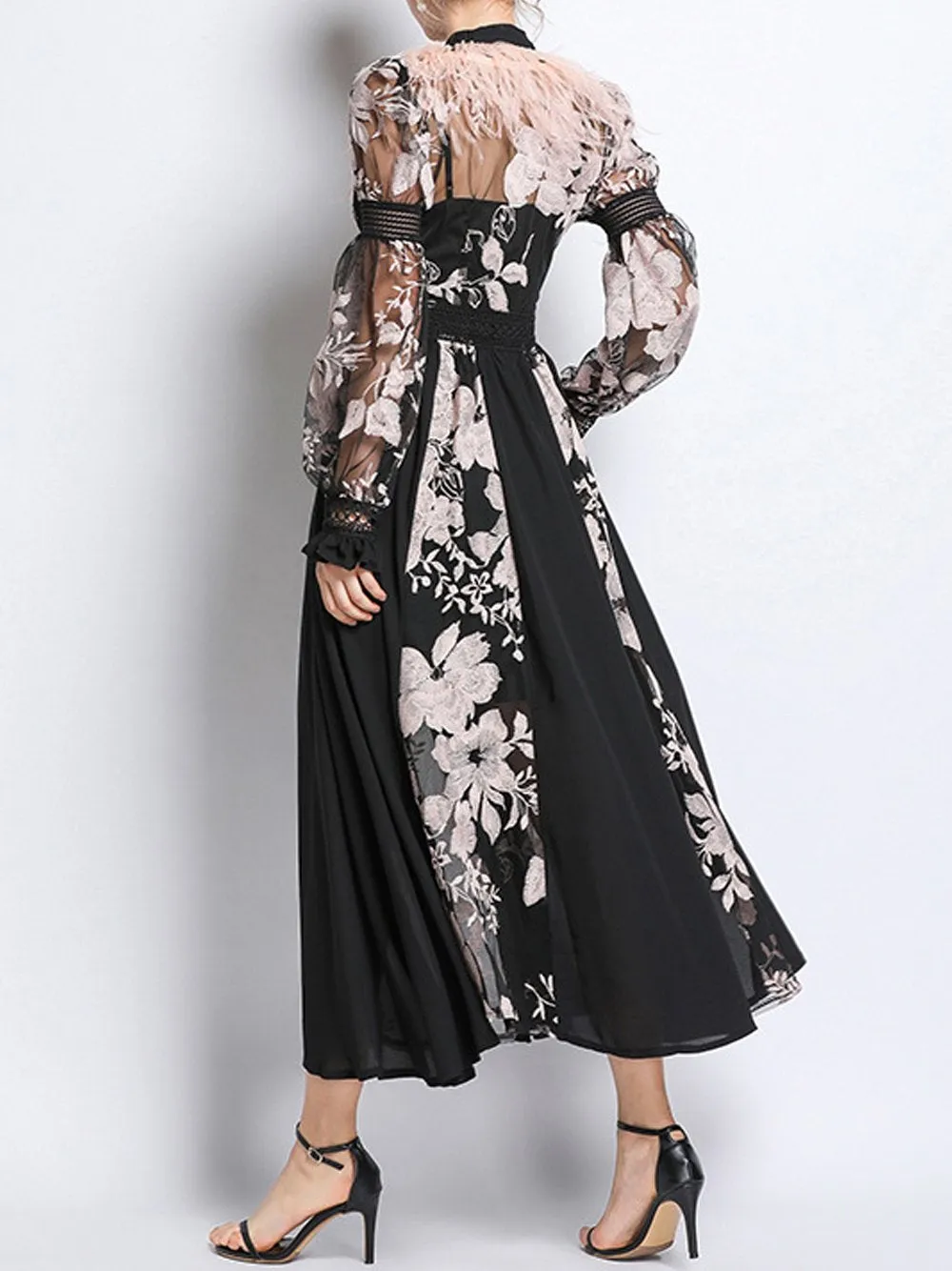 BECHI Feathers Embroidery Chiffon Maxi Dress