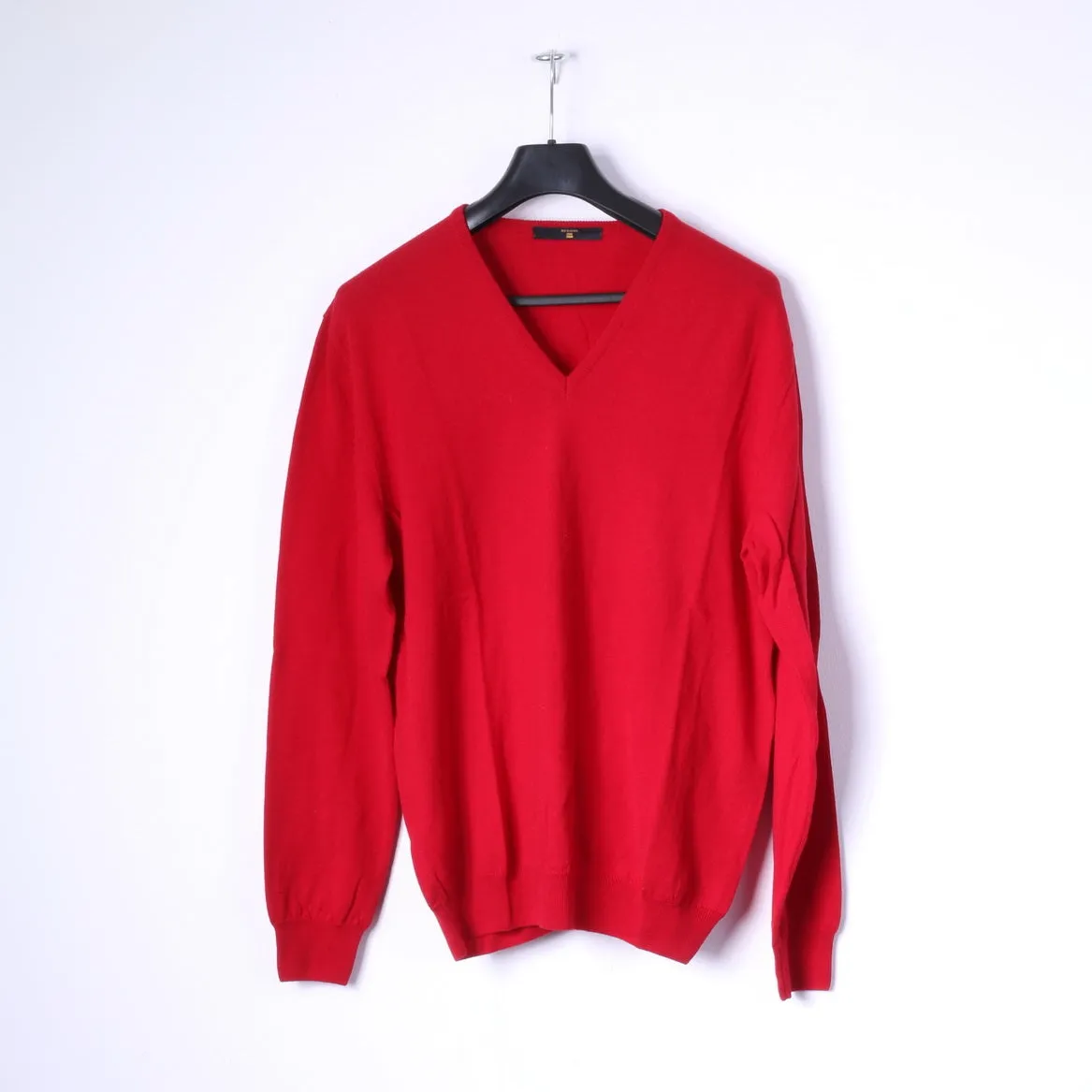 BECOME Mens L Jumper Red 100% Wool Soft V Neck Sweater Top