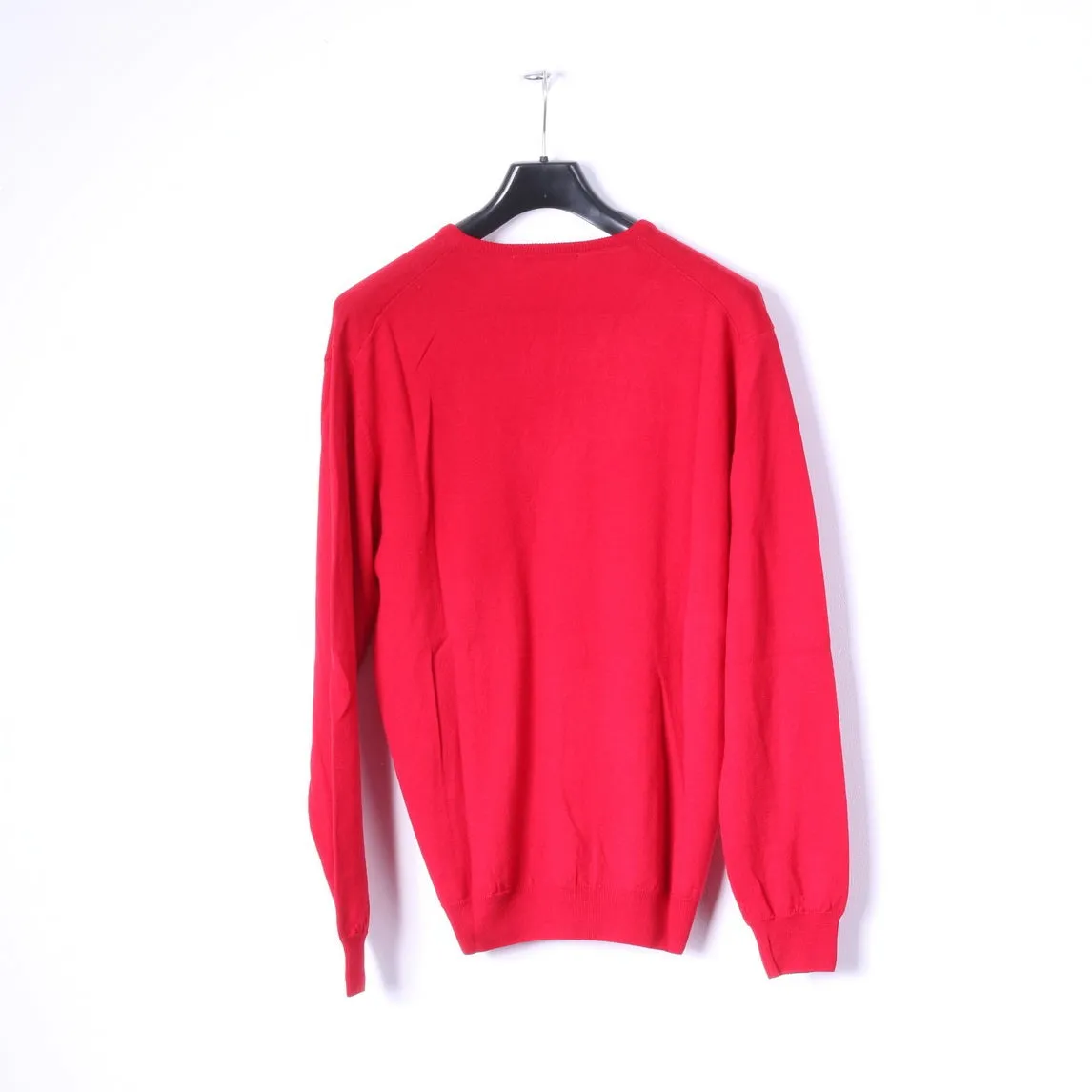 BECOME Mens L Jumper Red 100% Wool Soft V Neck Sweater Top