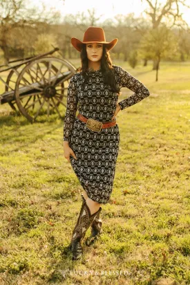 Black Aztec Mesh Long Sleeve Lined Dress DR461