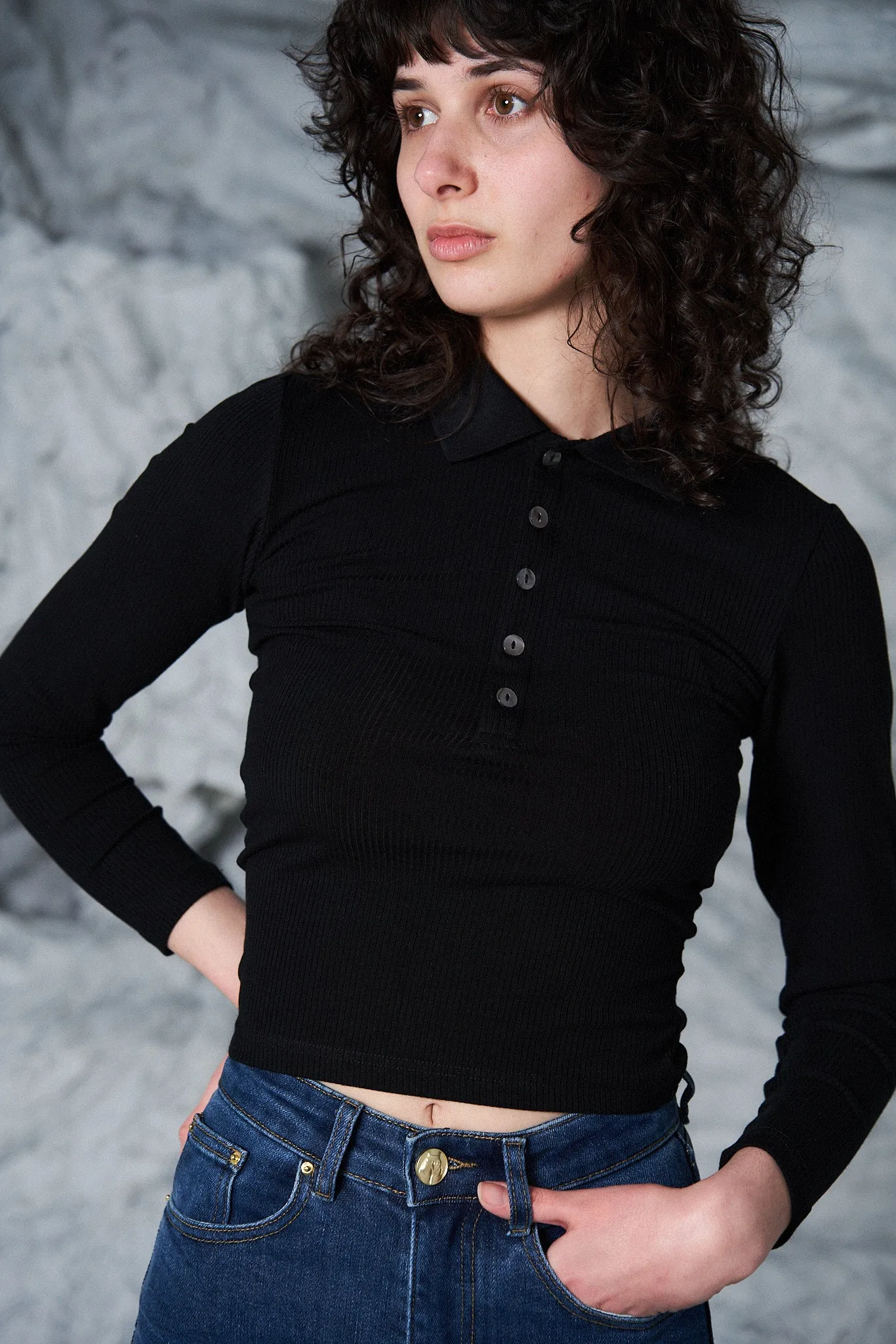 Black Tencel Long Sleeve Polo