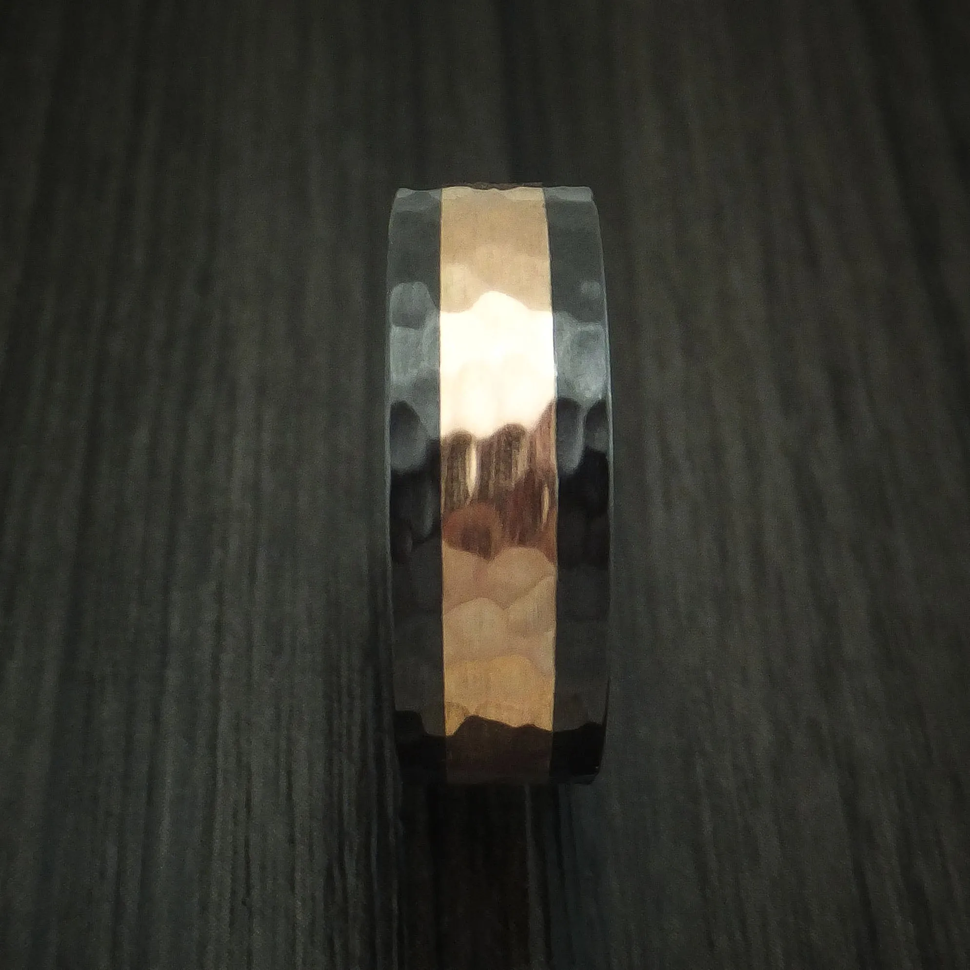 Black Zirconium and Rose Gold Hammered Band Custom Made Men's Ring