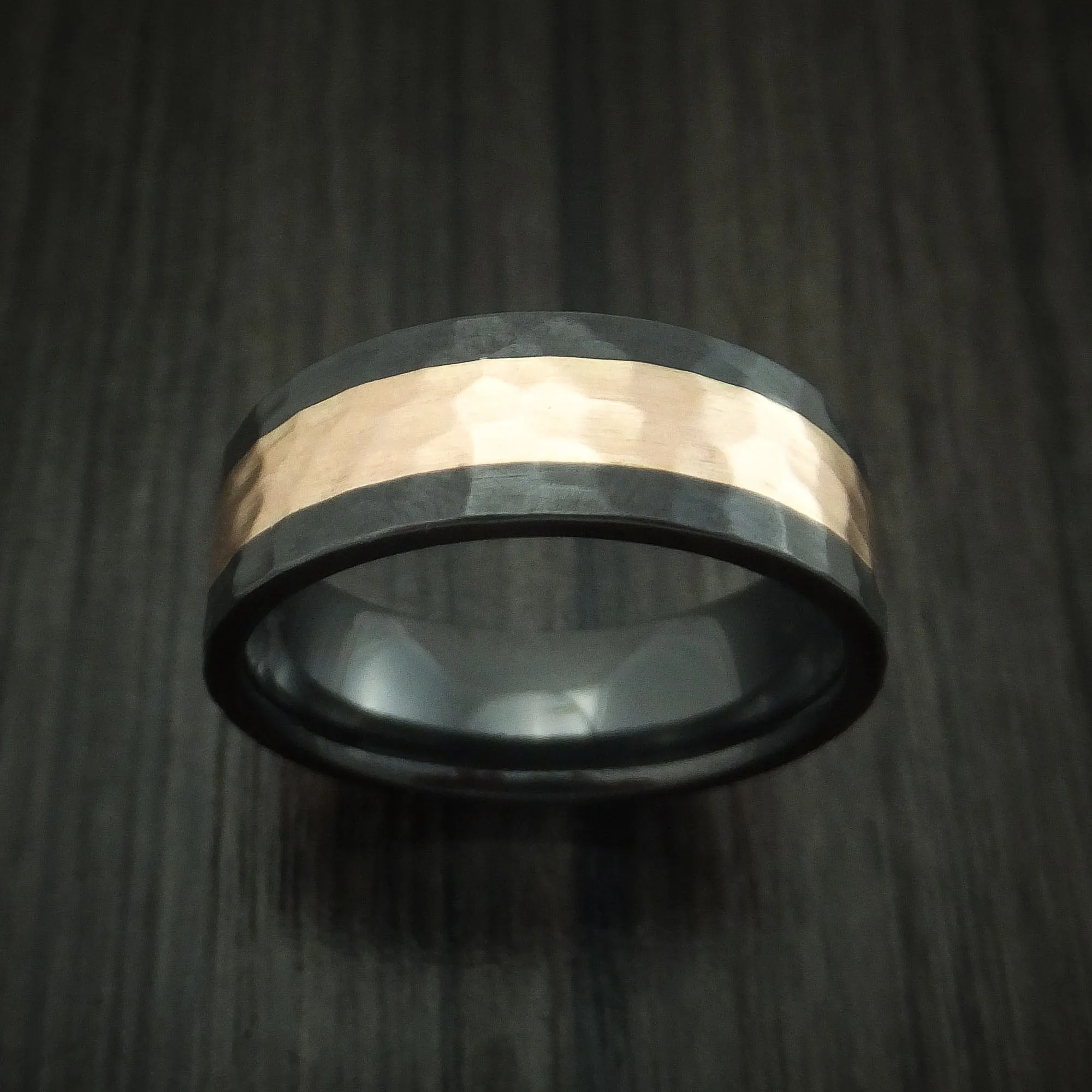 Black Zirconium and Rose Gold Hammered Band Custom Made Men's Ring