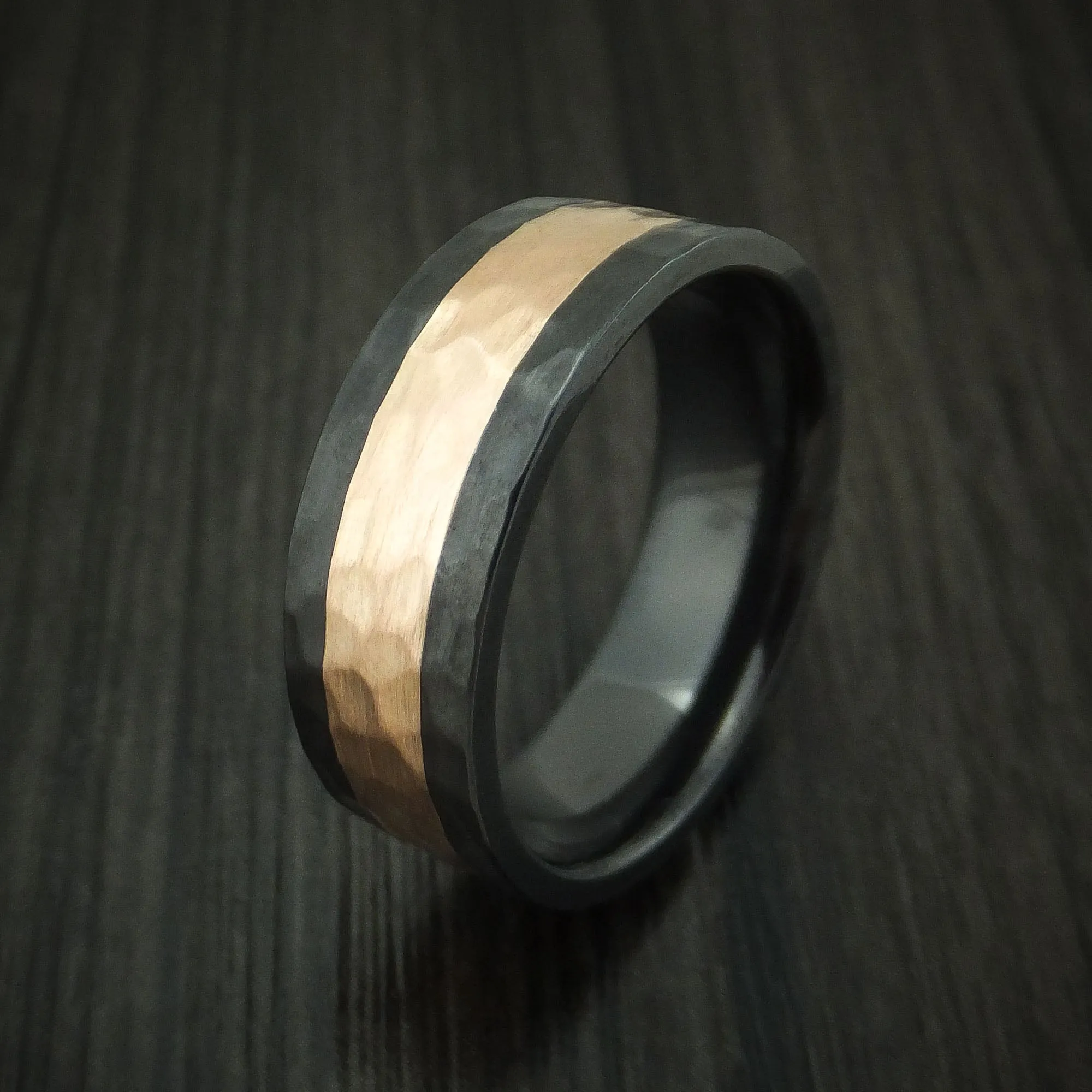 Black Zirconium and Rose Gold Hammered Band Custom Made Men's Ring