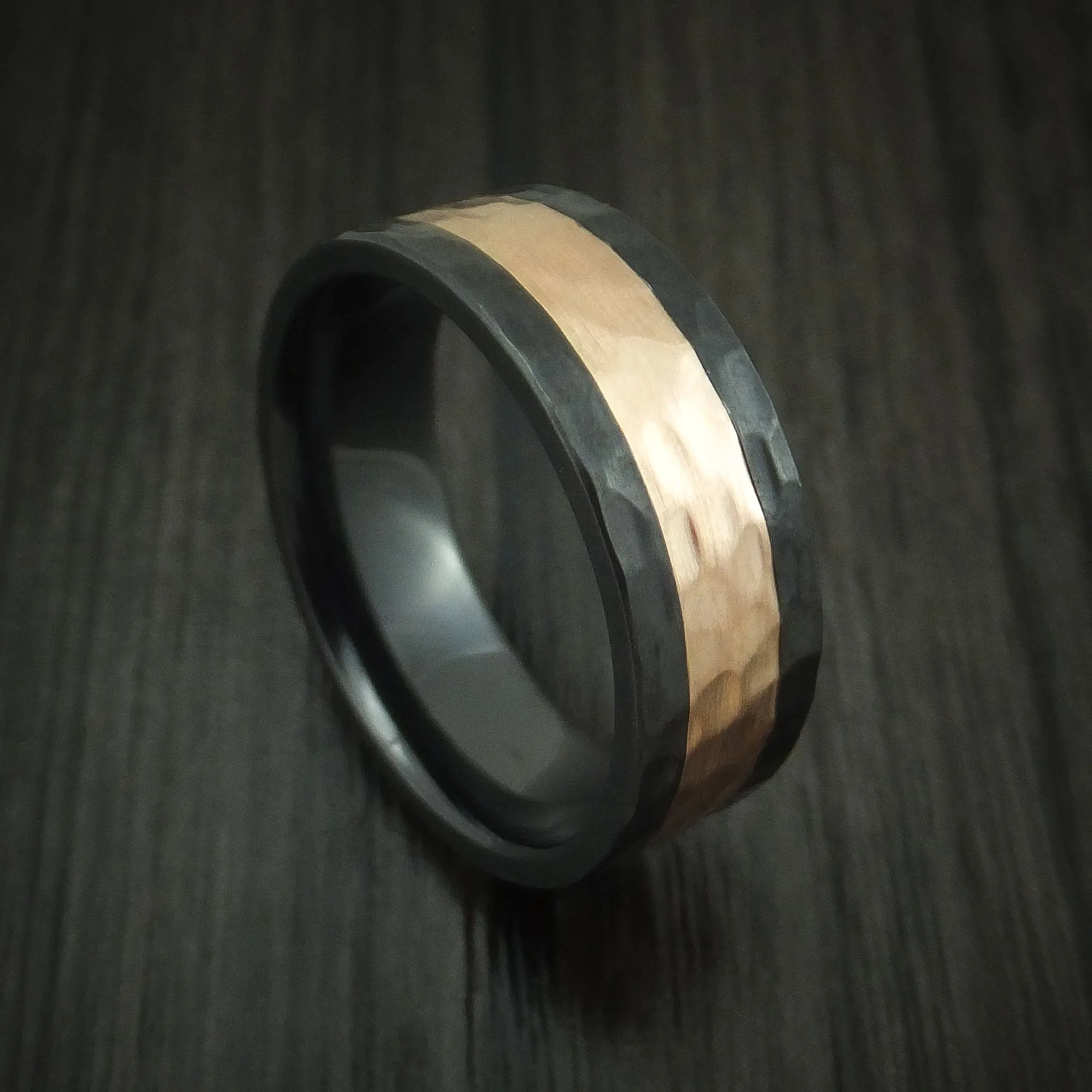 Black Zirconium and Rose Gold Hammered Band Custom Made Men's Ring