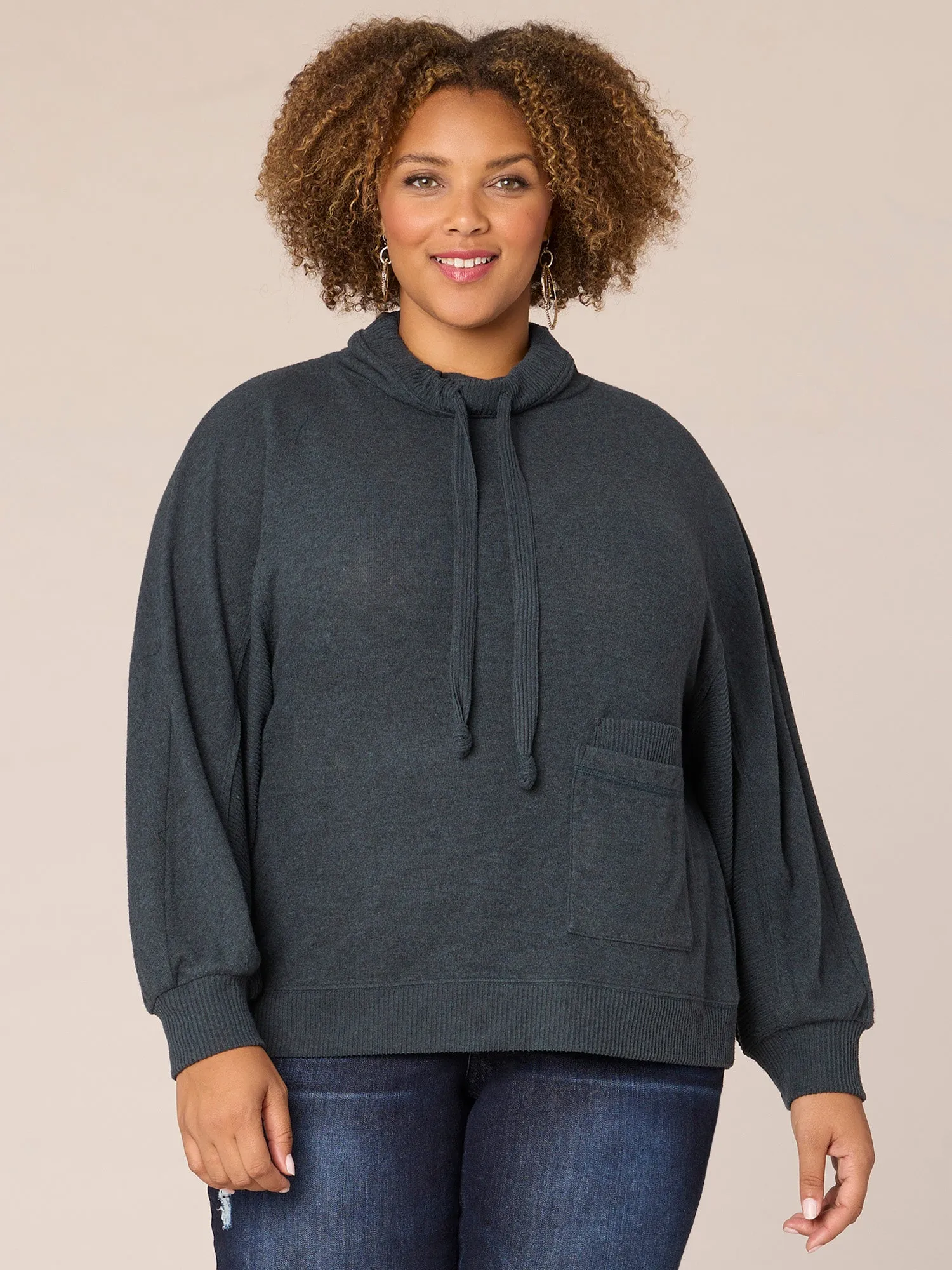 Blouson Sleeve Funnel Neck Double Pocket Plus Size Knit Top