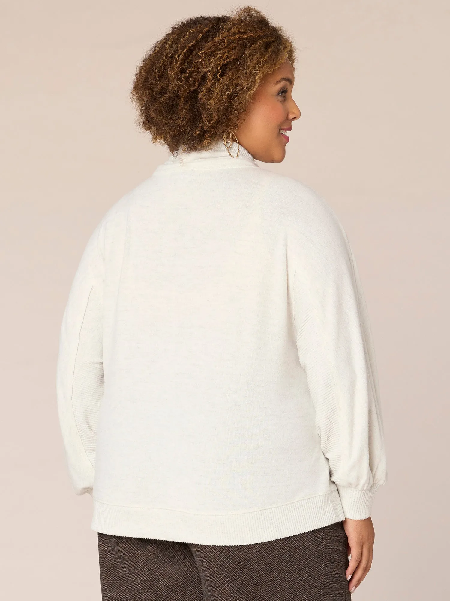 Blouson Sleeve Funnel Neck Double Pocket Plus Size Knit Top