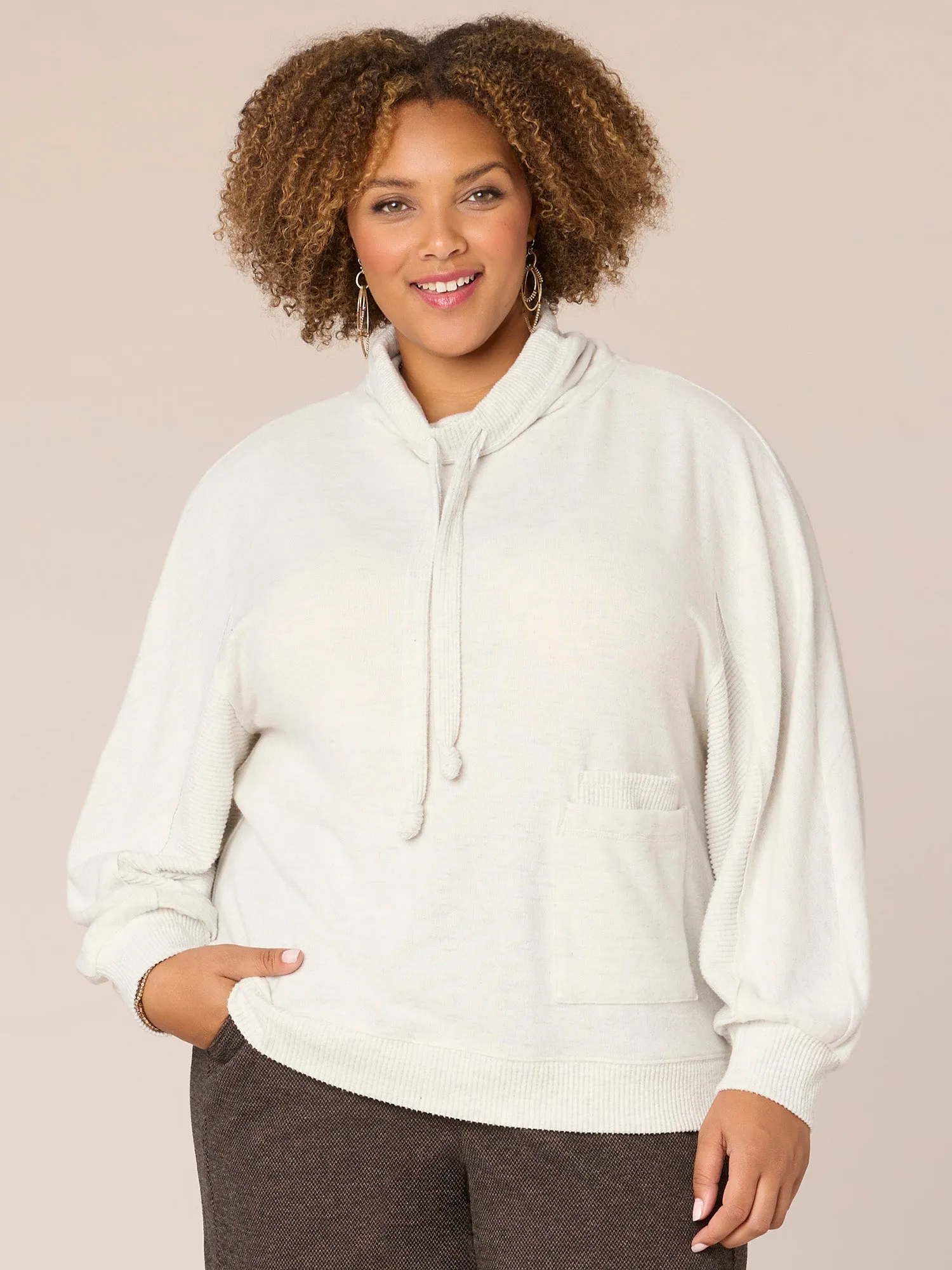 Blouson Sleeve Funnel Neck Double Pocket Plus Size Knit Top