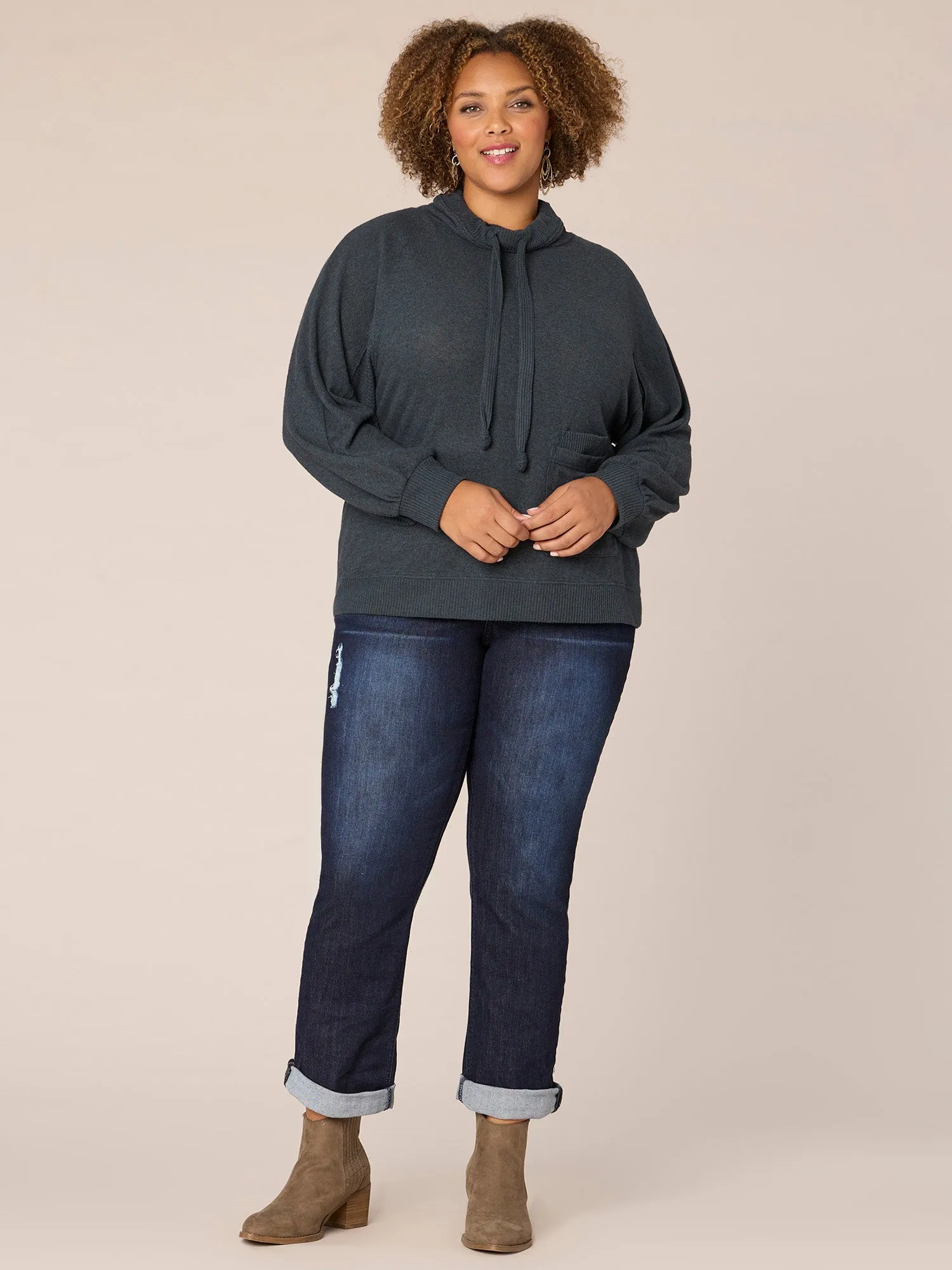 Blouson Sleeve Funnel Neck Double Pocket Plus Size Knit Top