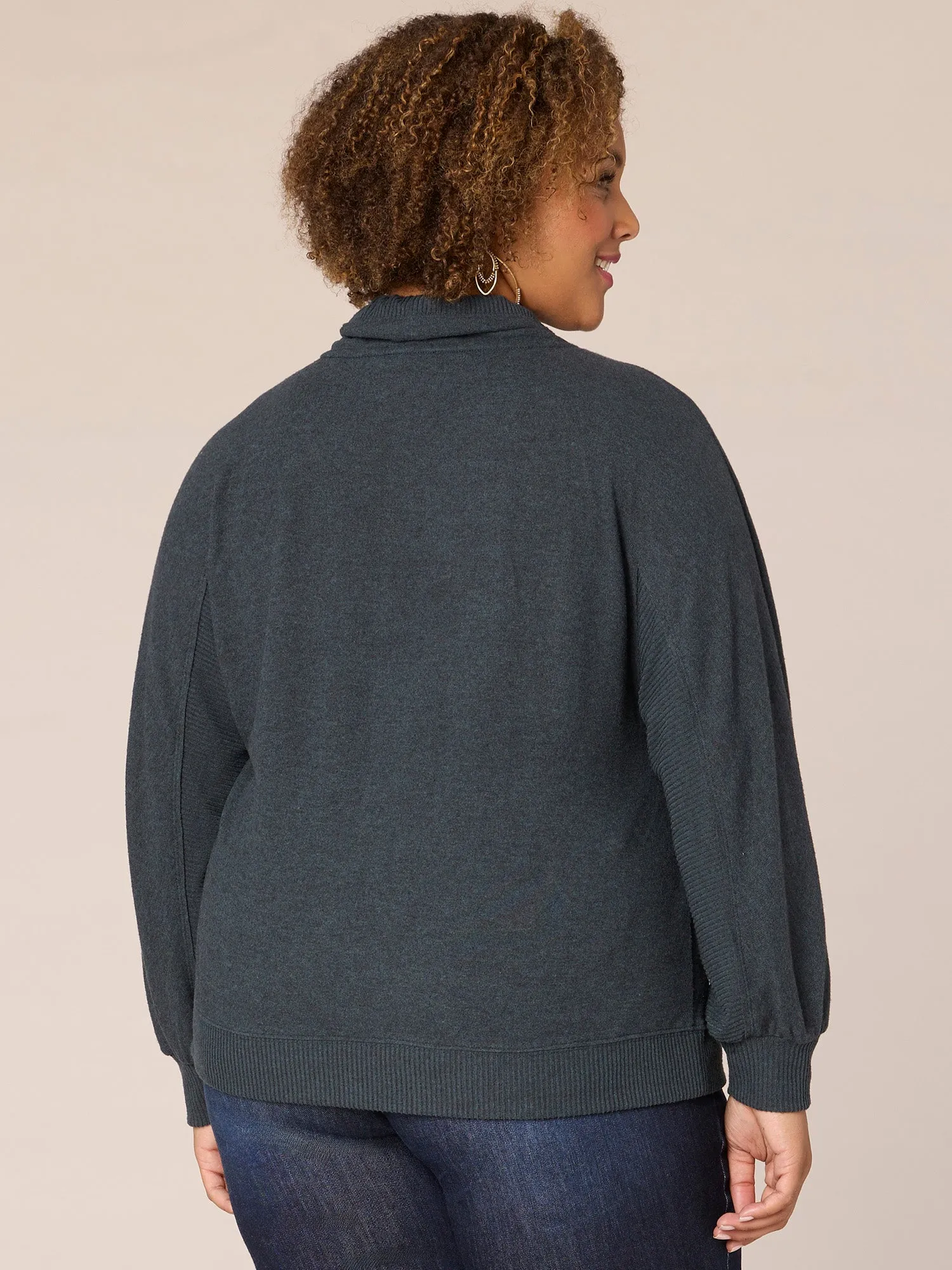 Blouson Sleeve Funnel Neck Double Pocket Plus Size Knit Top