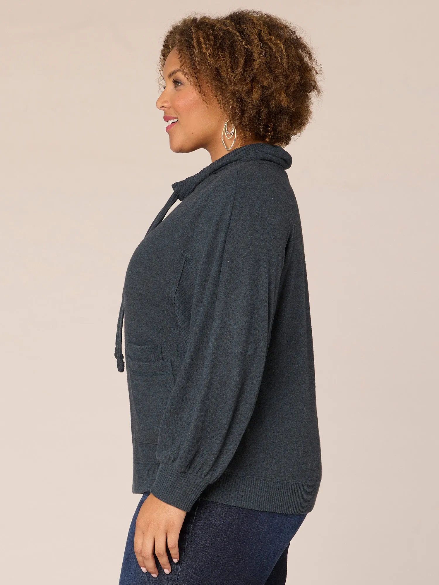 Blouson Sleeve Funnel Neck Double Pocket Plus Size Knit Top