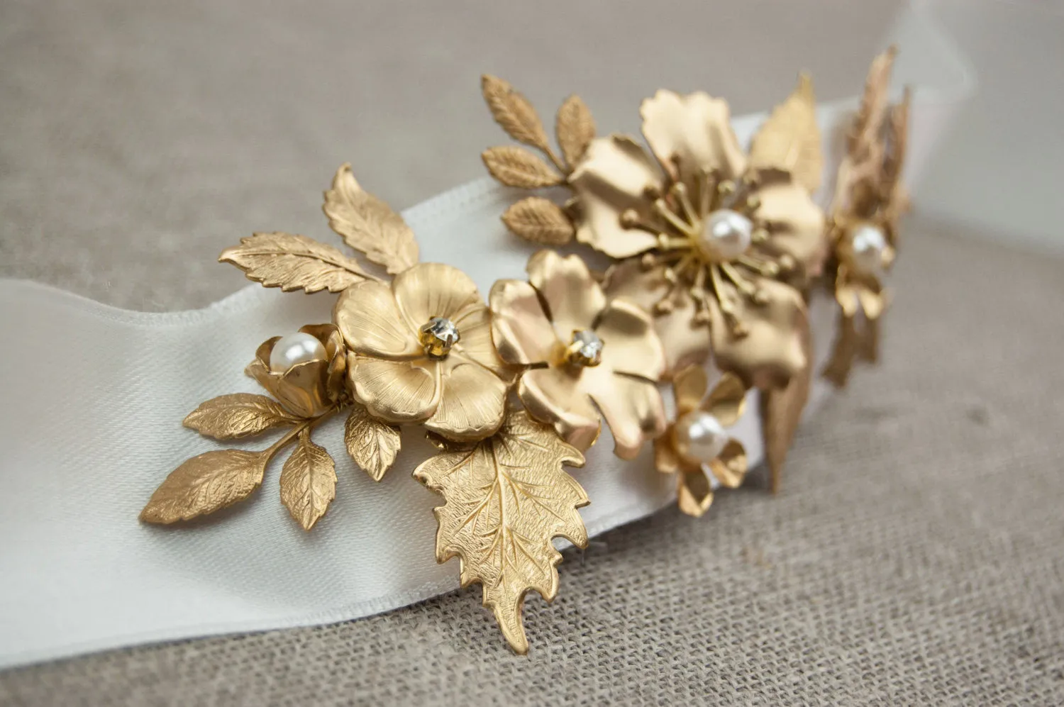 Bridal sash with gold metal flowers and leaves - EURHYMIA