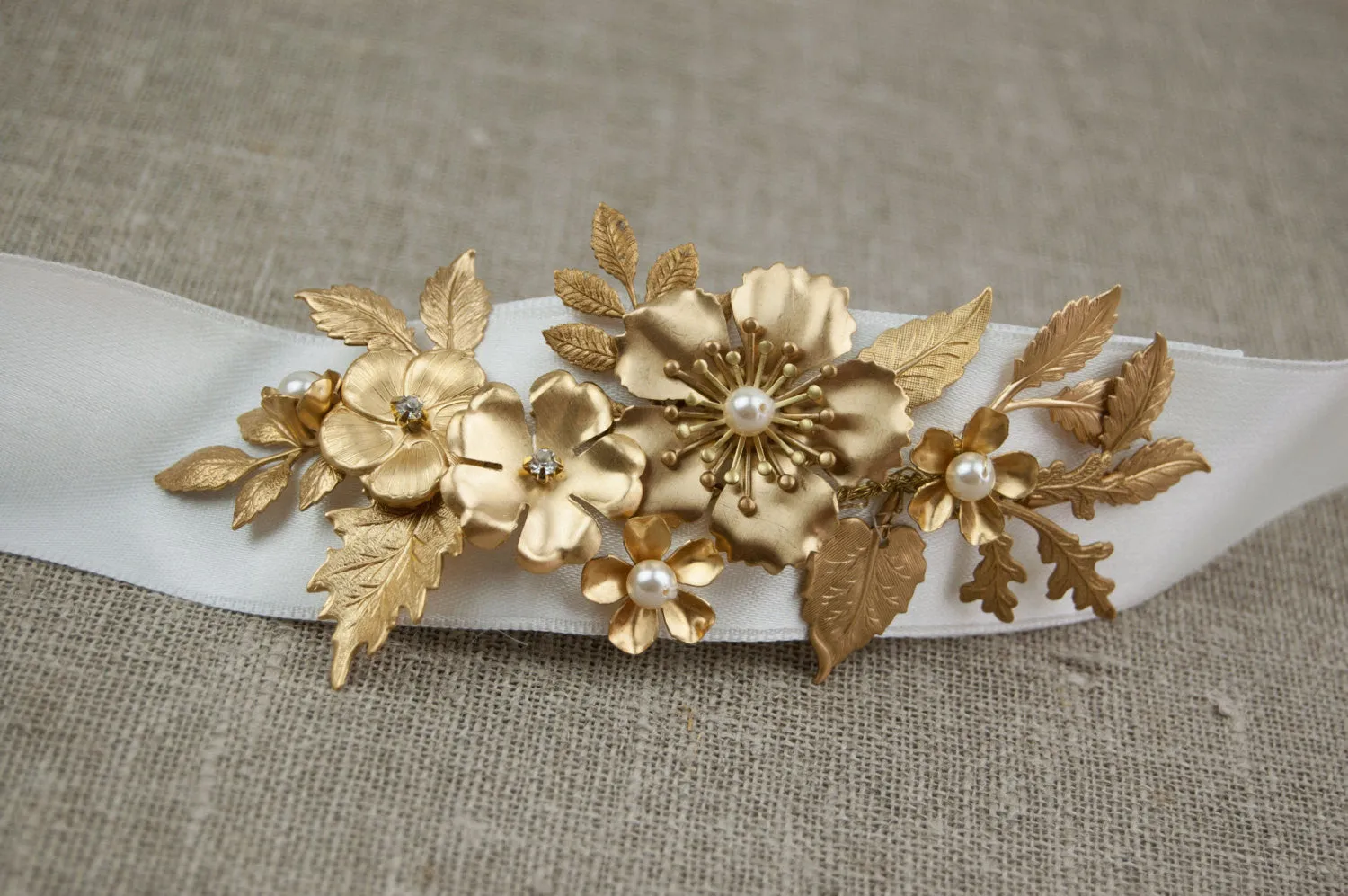 Bridal sash with gold metal flowers and leaves - EURHYMIA