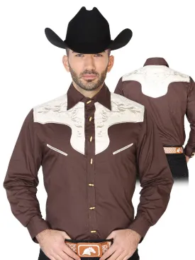 Camisa Vaquera Charra Bordada Manga Larga Cafe para Hombre 'El Señor de los Cielos' - ID: 42577