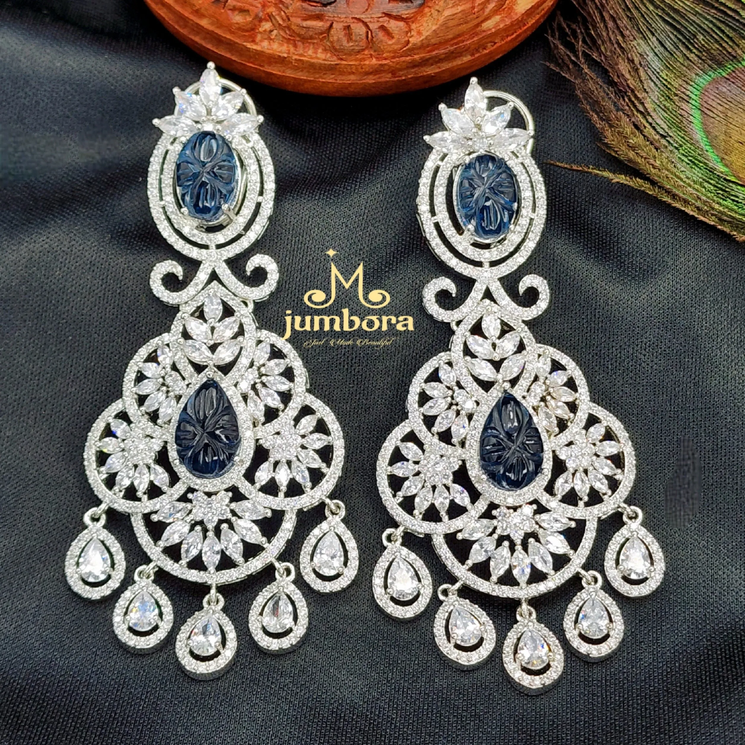 Carved Blue Stone Long White Gold AD Zircon (CZ) Earring