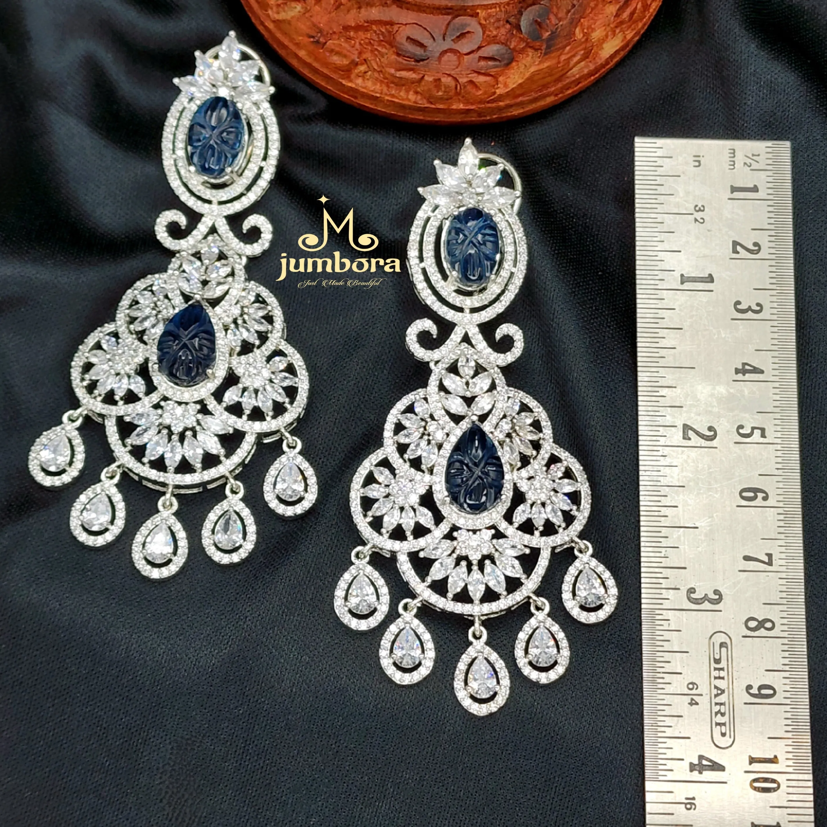 Carved Blue Stone Long White Gold AD Zircon (CZ) Earring