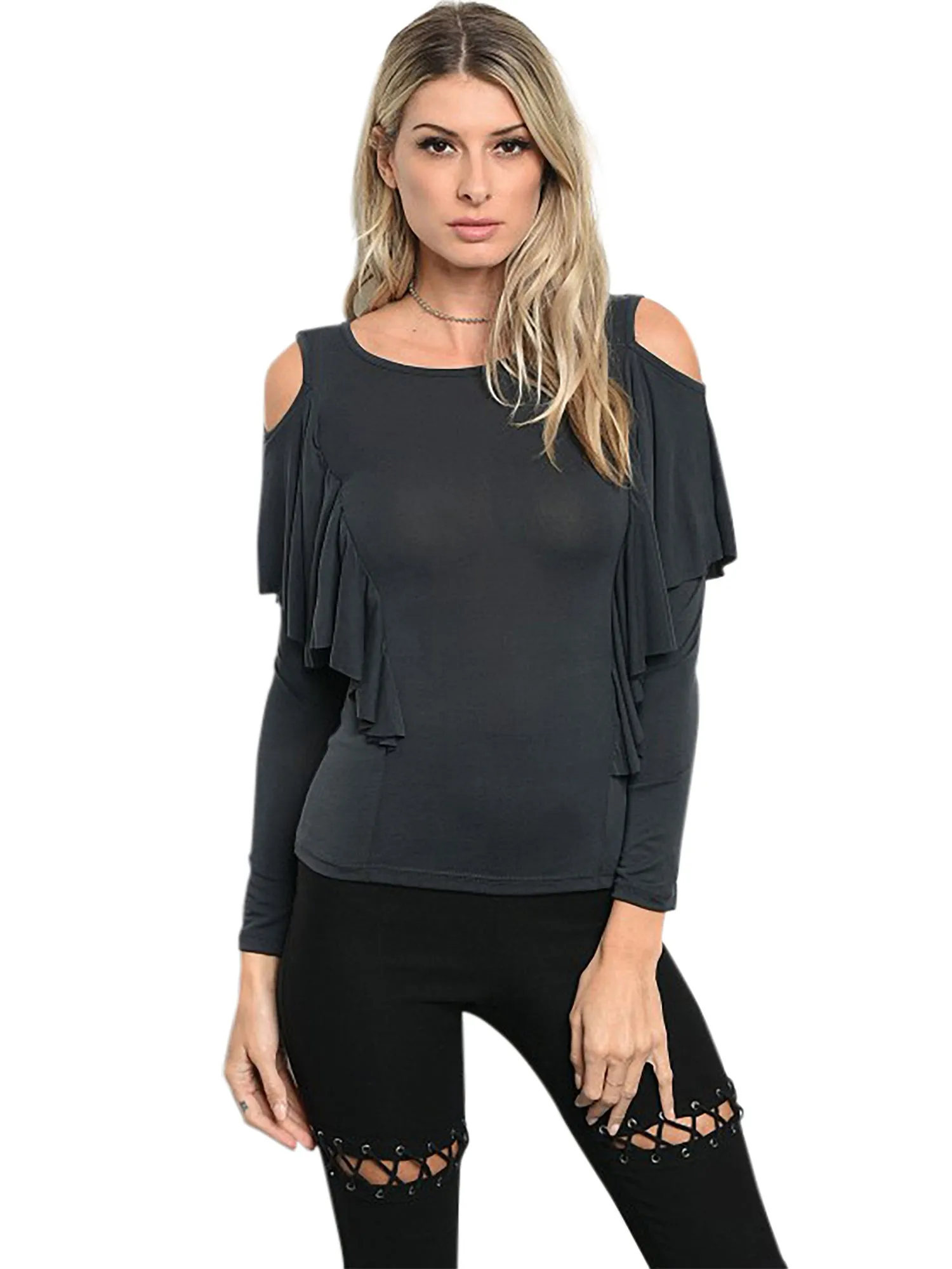 Charcoal Gray Womens Cold Shoulder Sleeve Ruffled Top