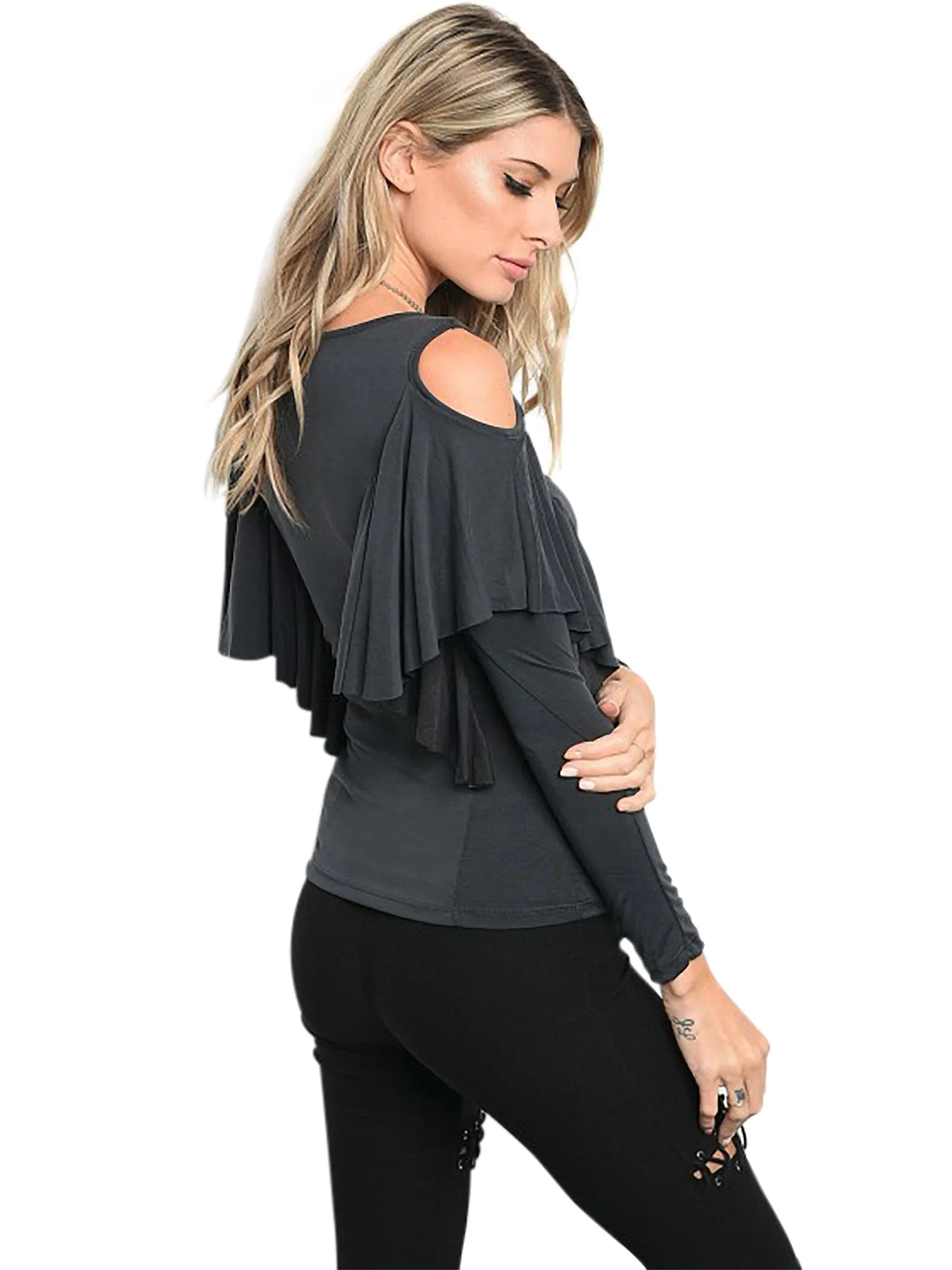 Charcoal Gray Womens Cold Shoulder Sleeve Ruffled Top