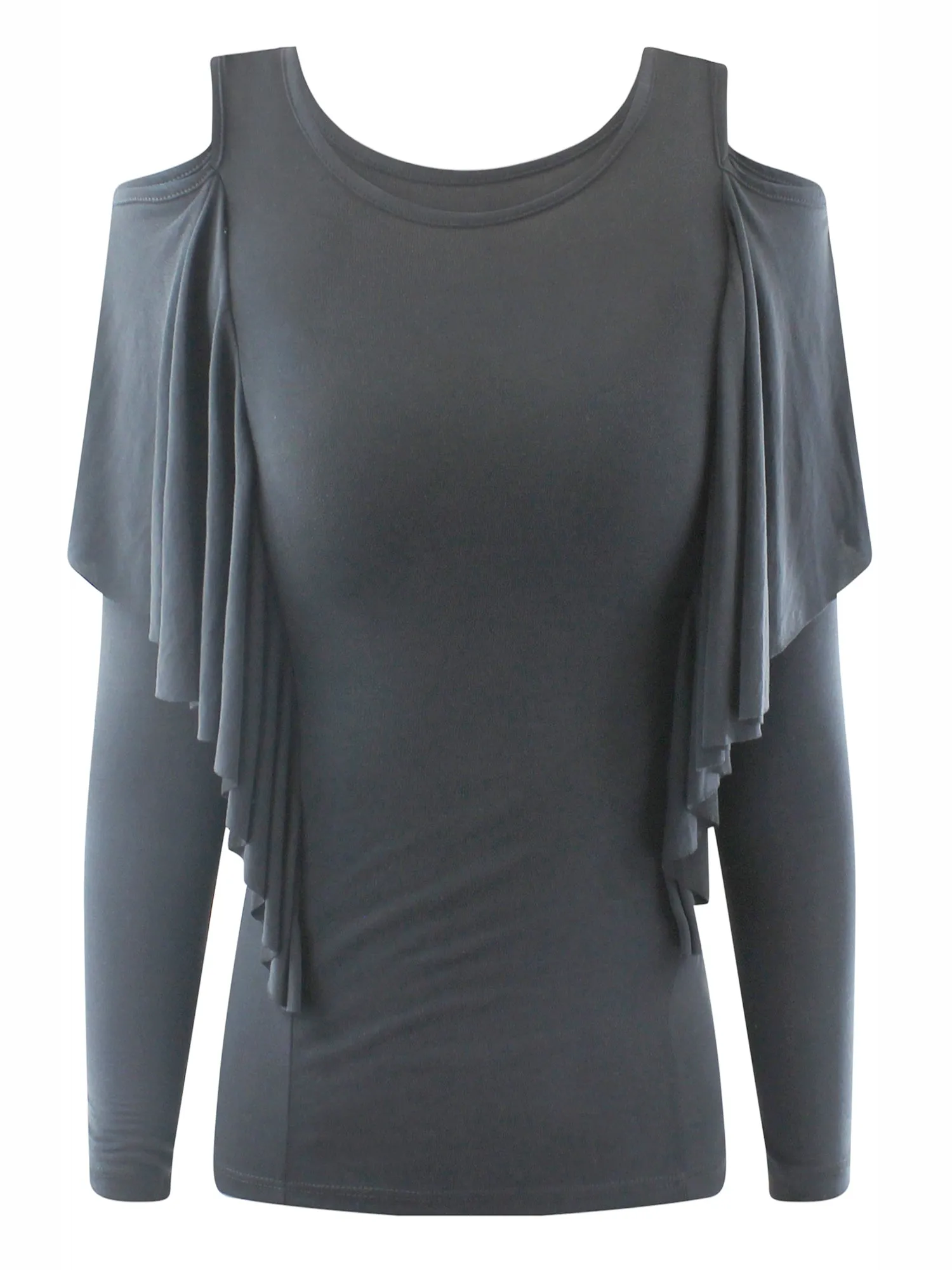 Charcoal Gray Womens Cold Shoulder Sleeve Ruffled Top