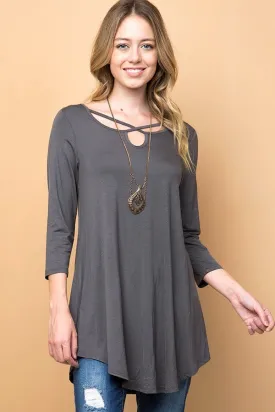 CHARCOAL SOLID CRISS-CROSS KEYHOLE TUNIC TOP