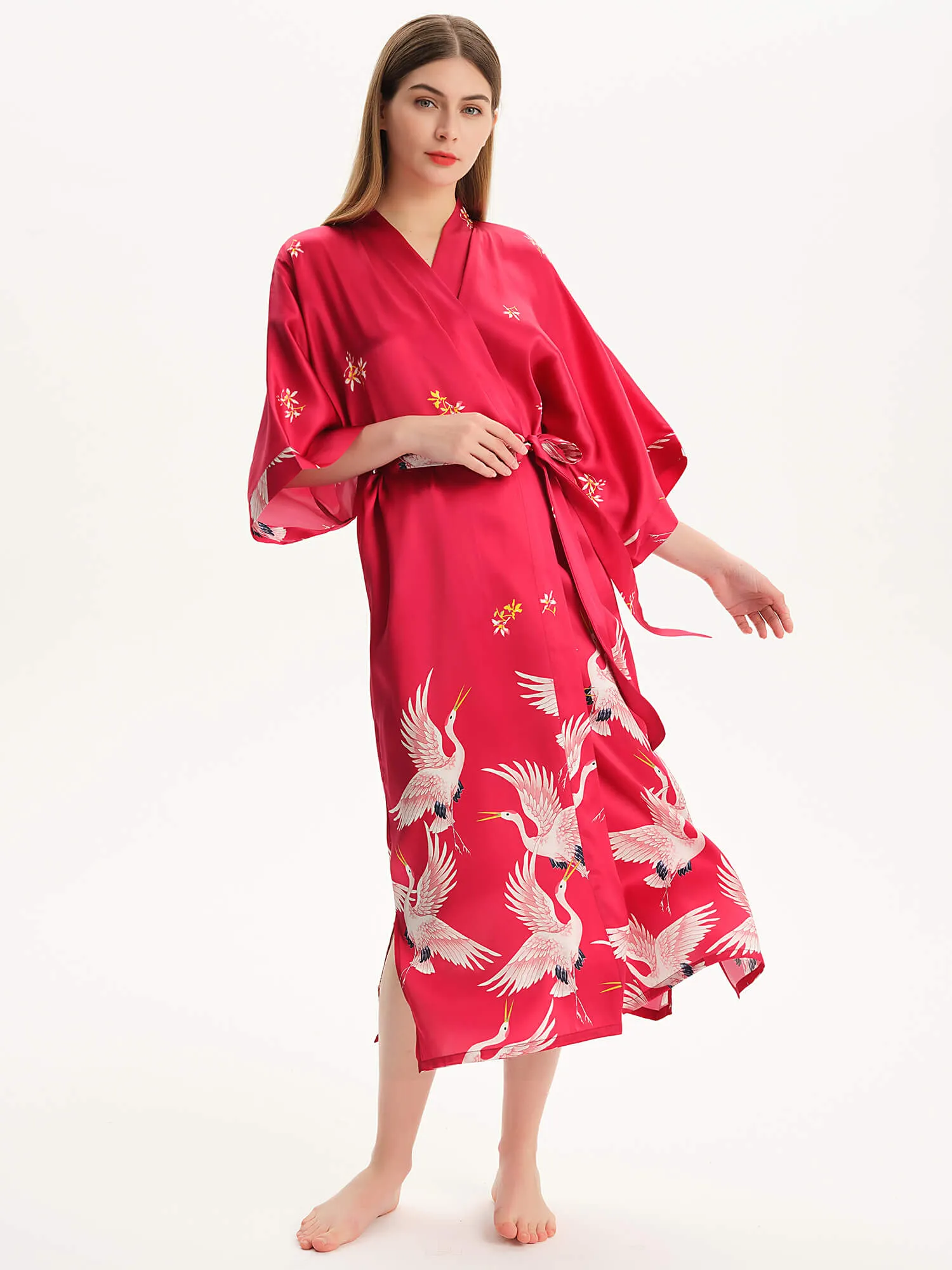 Claret Crane Printed Womens Long Mulberry Silk Kimono  Robe