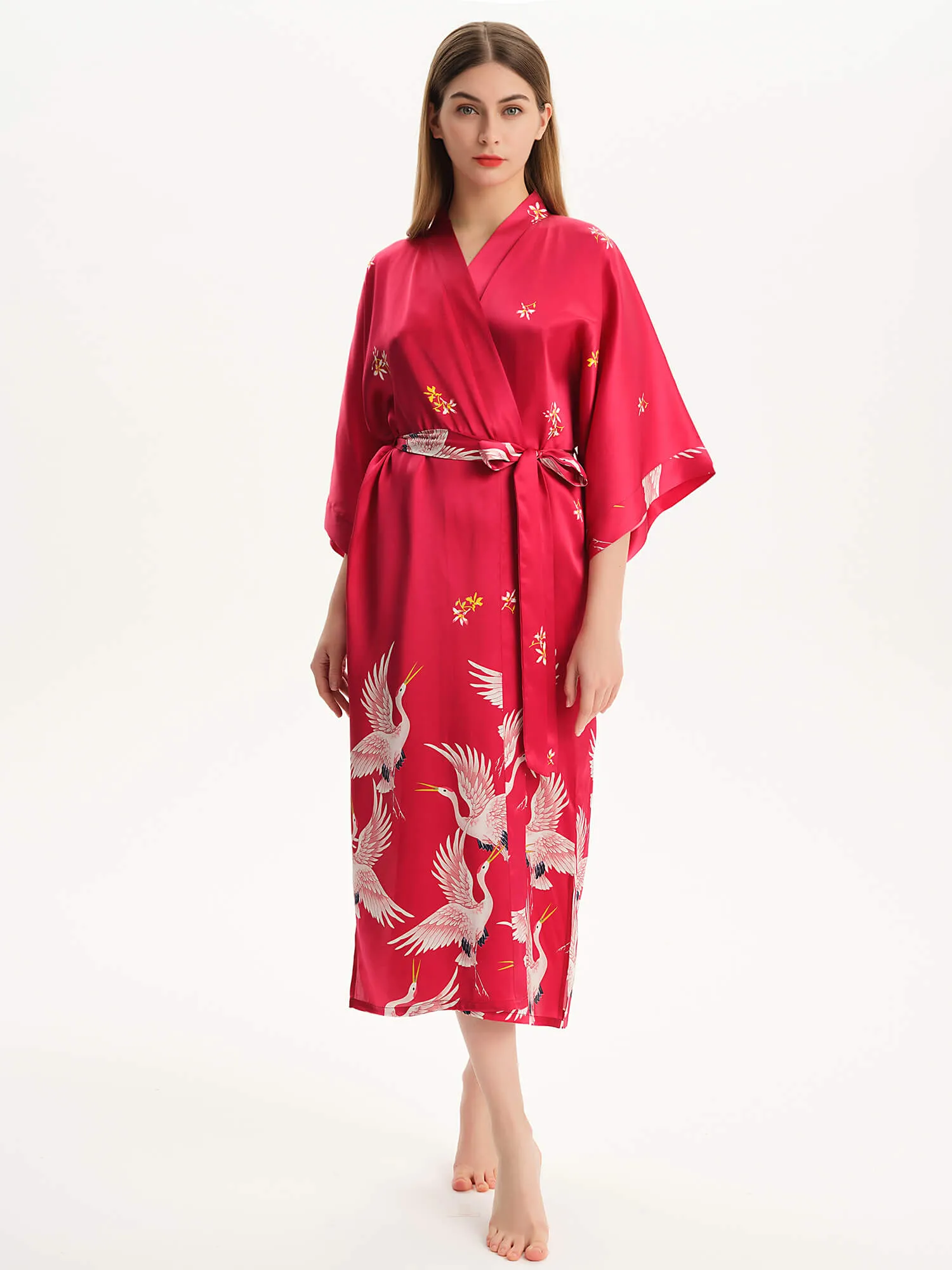 Claret Crane Printed Womens Long Mulberry Silk Kimono  Robe