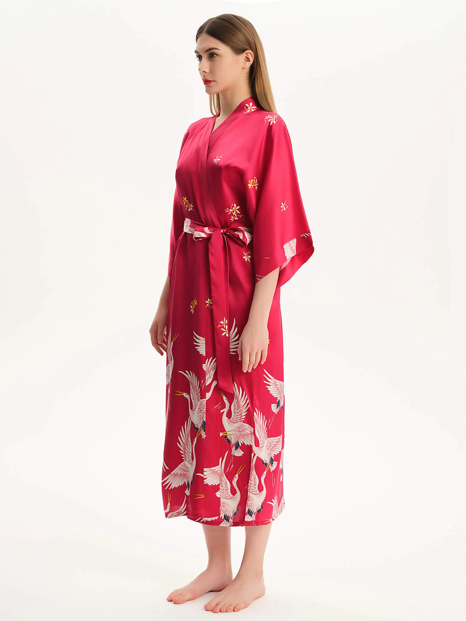 Claret Crane Printed Womens Long Mulberry Silk Kimono  Robe