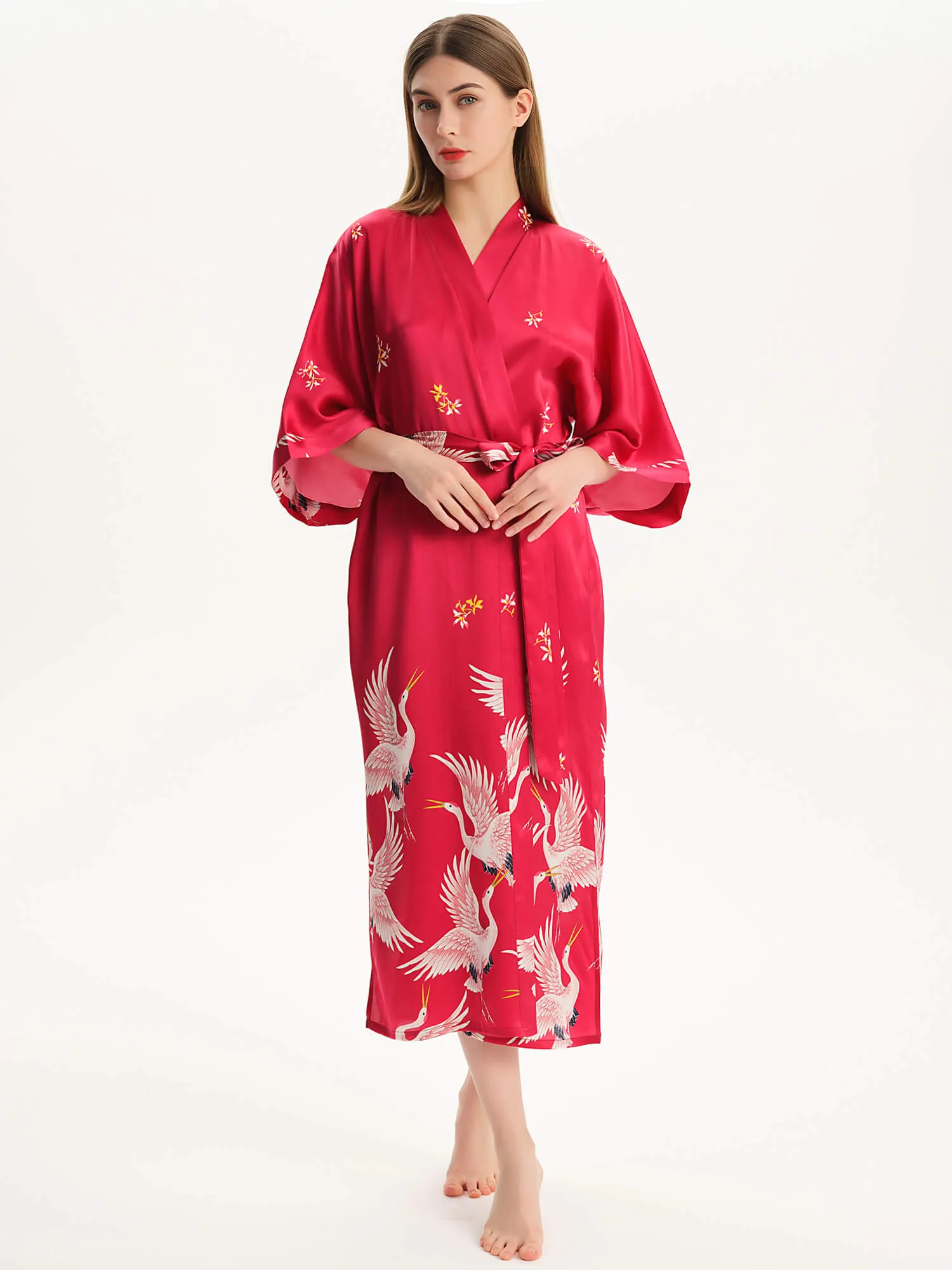 Claret Crane Printed Womens Long Mulberry Silk Kimono  Robe