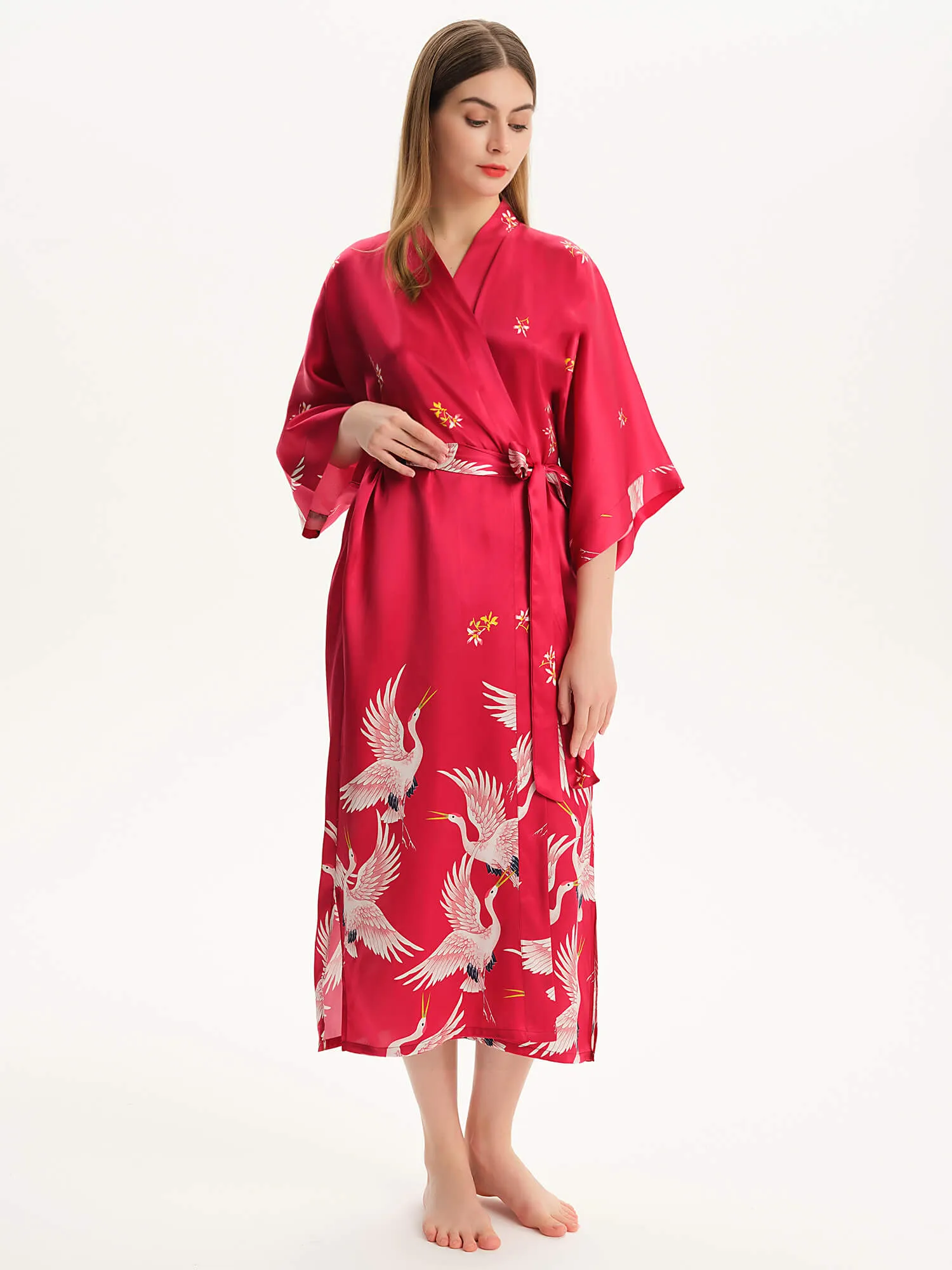 Claret Crane Printed Womens Long Mulberry Silk Kimono  Robe