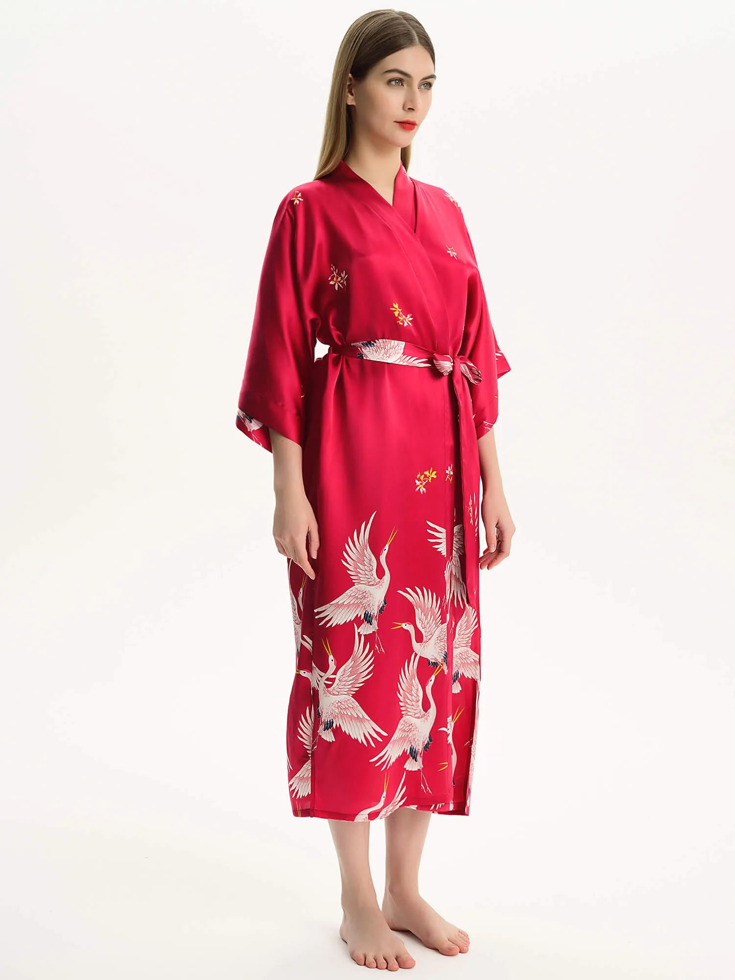 Claret Crane Printed Womens Long Mulberry Silk Kimono  Robe