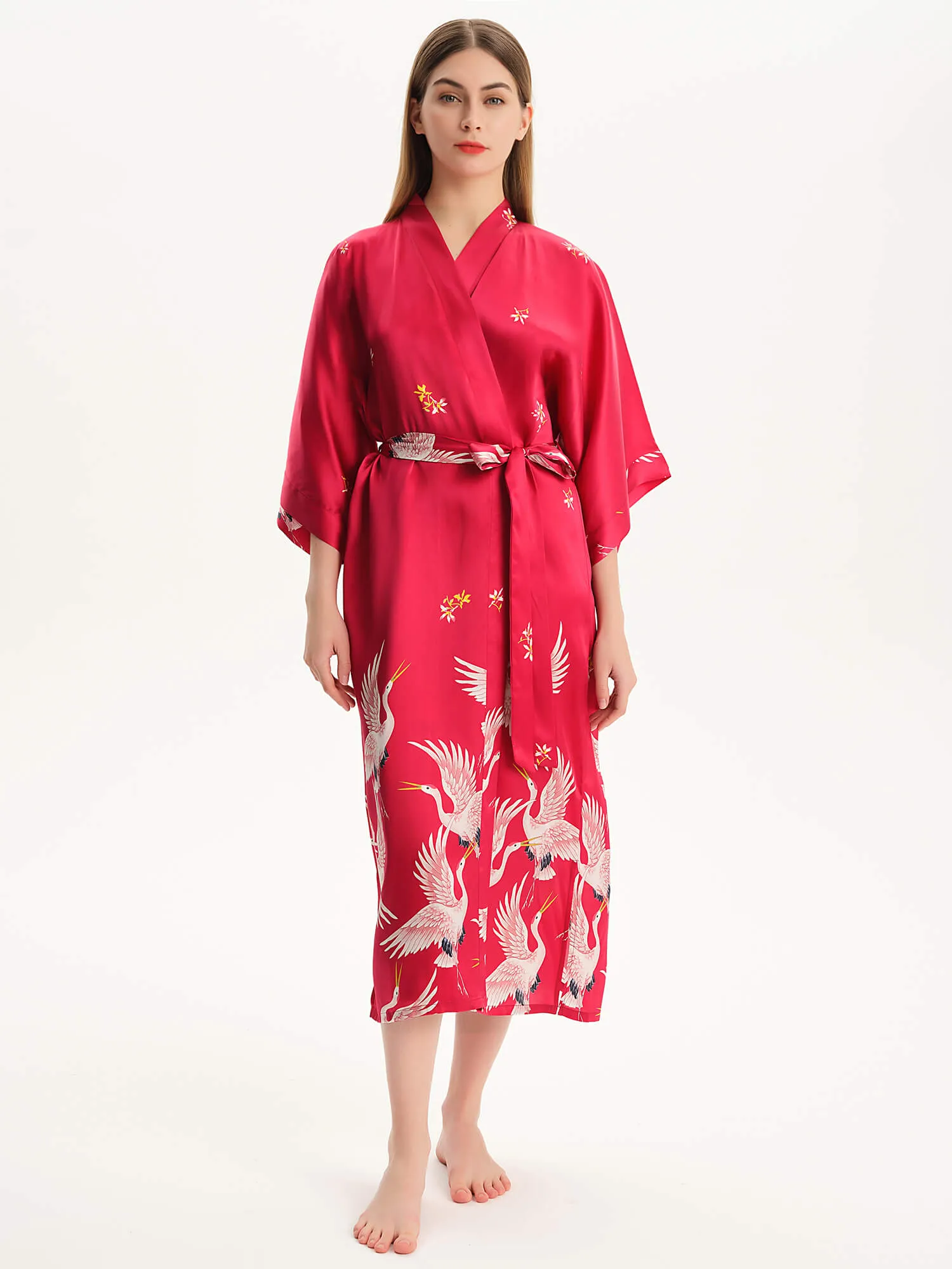 Claret Crane Printed Womens Long Mulberry Silk Kimono  Robe