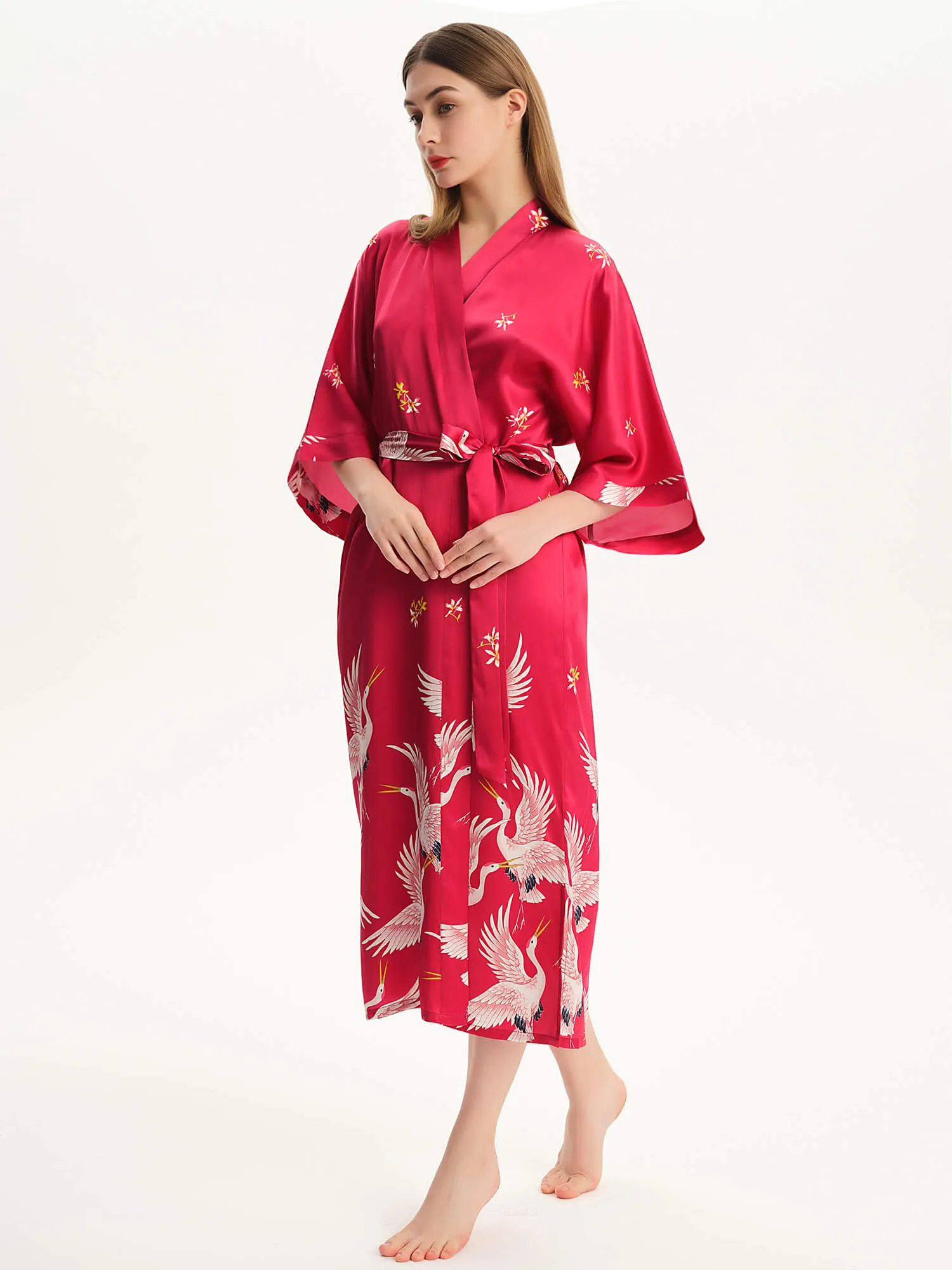 Claret Crane Printed Womens Long Mulberry Silk Kimono  Robe